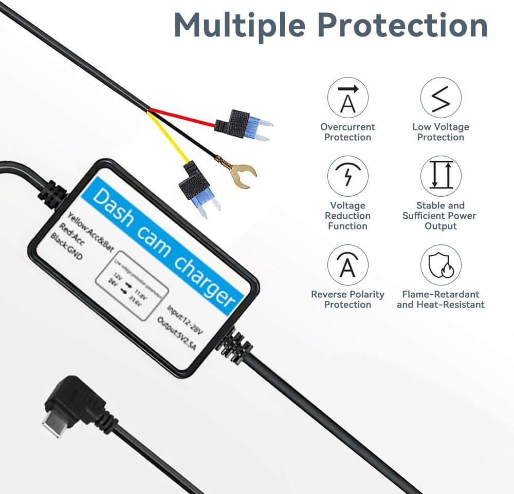 3.2M Dash Cam Hardwire Kit with Fuse Taps, 12V&ndash;30V to 5V Converter, Low Voltage Cut-Off, Flame-Retardant, for Dash Cam, GPS, Radar Devices (Micro USB) image number 2