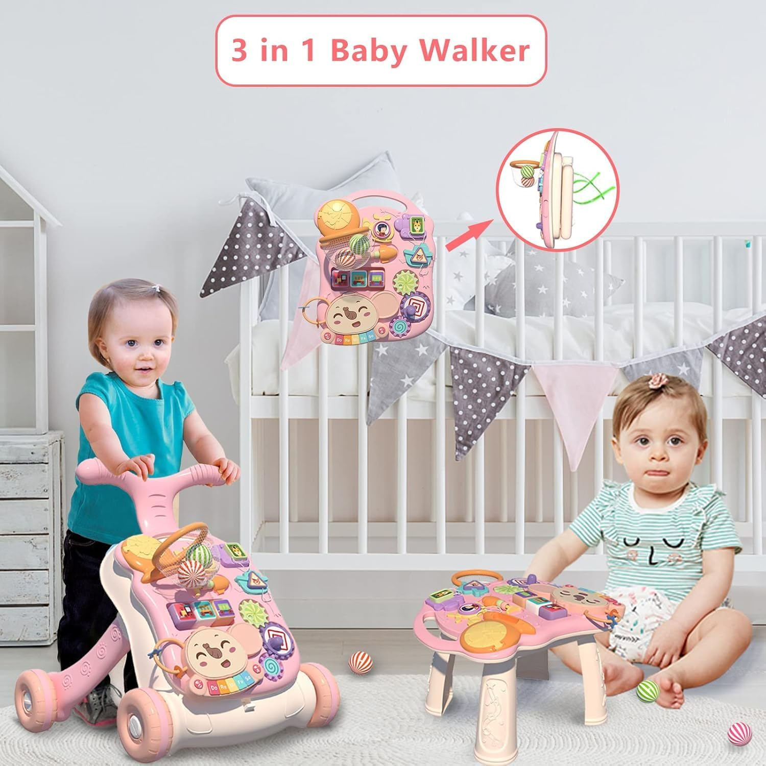 3 in 1 Baby Walker and Activity Center for Baby Girl,Toddler, Learning to Walk, Sit to Stand, Early Learning Push Toys for Infant Boy Girl (Pink)