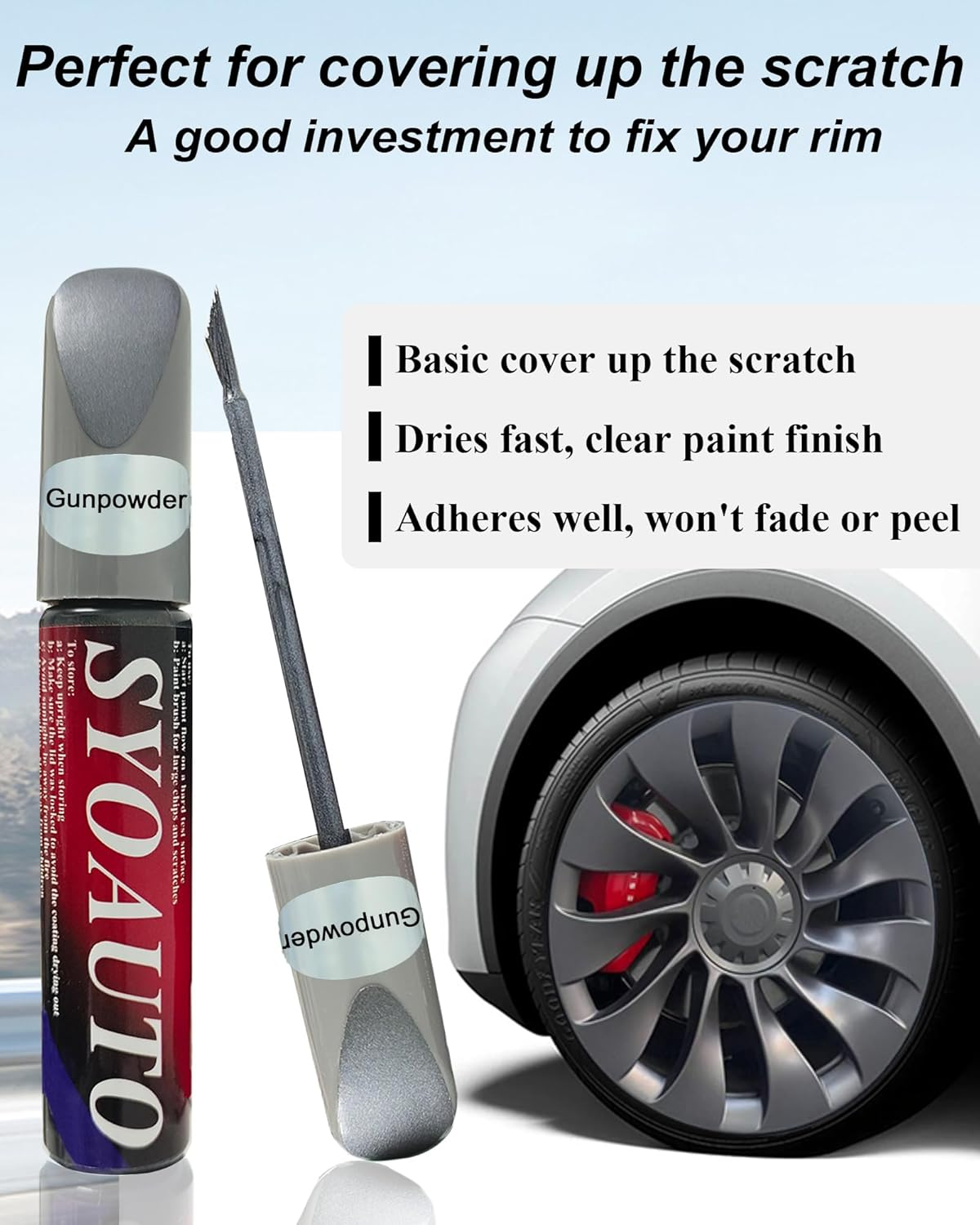 SYOAUTO Gunpowder Rim Touch up Paint for Tesla Model Y 3 S X Uberturbine/Arachnid/Cybersteam/Turbine Wheel Touch up Paint Rim Scratch Repair Wheel Curb Rash Paint Pen(Gunpowder) image number 4