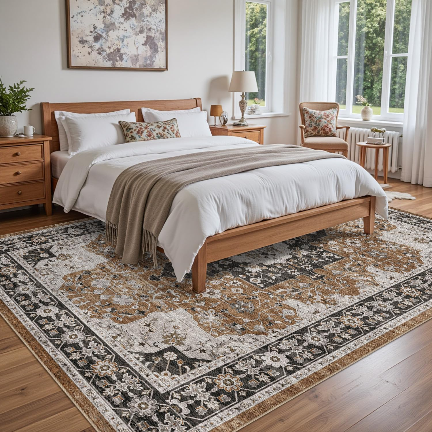 DEXI Area Rug Washable 152 X 244 Cm, Non Slip Living Room Rugs Low Pile, Soft Floral Accent Carpet for Rustic Vintage Farmhouse Bedroom Hallway Dining Hardwood Floors, Brown image number 6