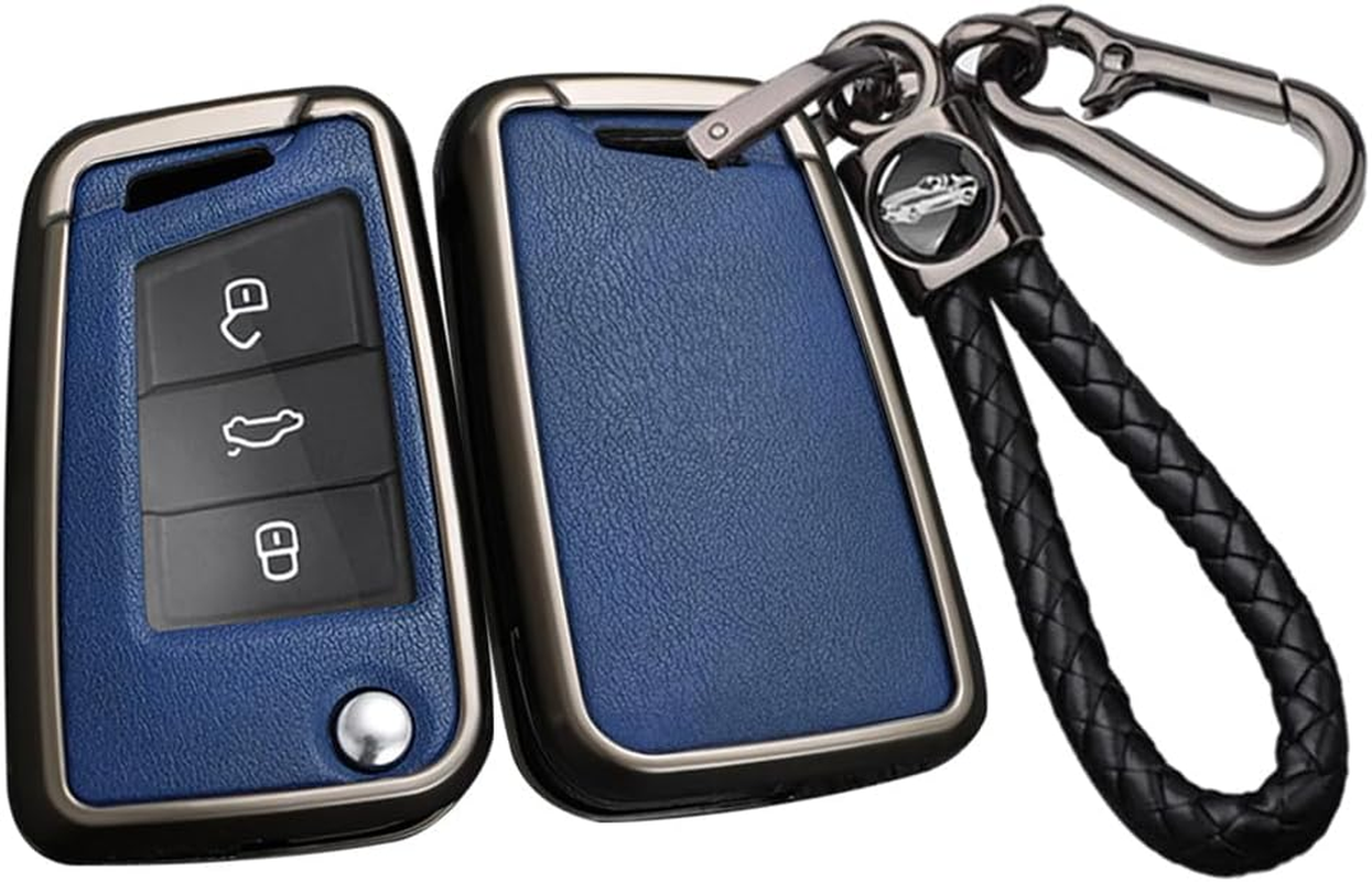 Ontto Alloy Car Key Fob Cover Fit for VW Golf 7 Ateca Arona MK6 MK7 Polo Jetta Fabia Tiguan Touran Toledo for Skoda Seat Leon Ibiza Octavia Flip Leather Key Case Keyring Key Shell Holder Bag Keychain
