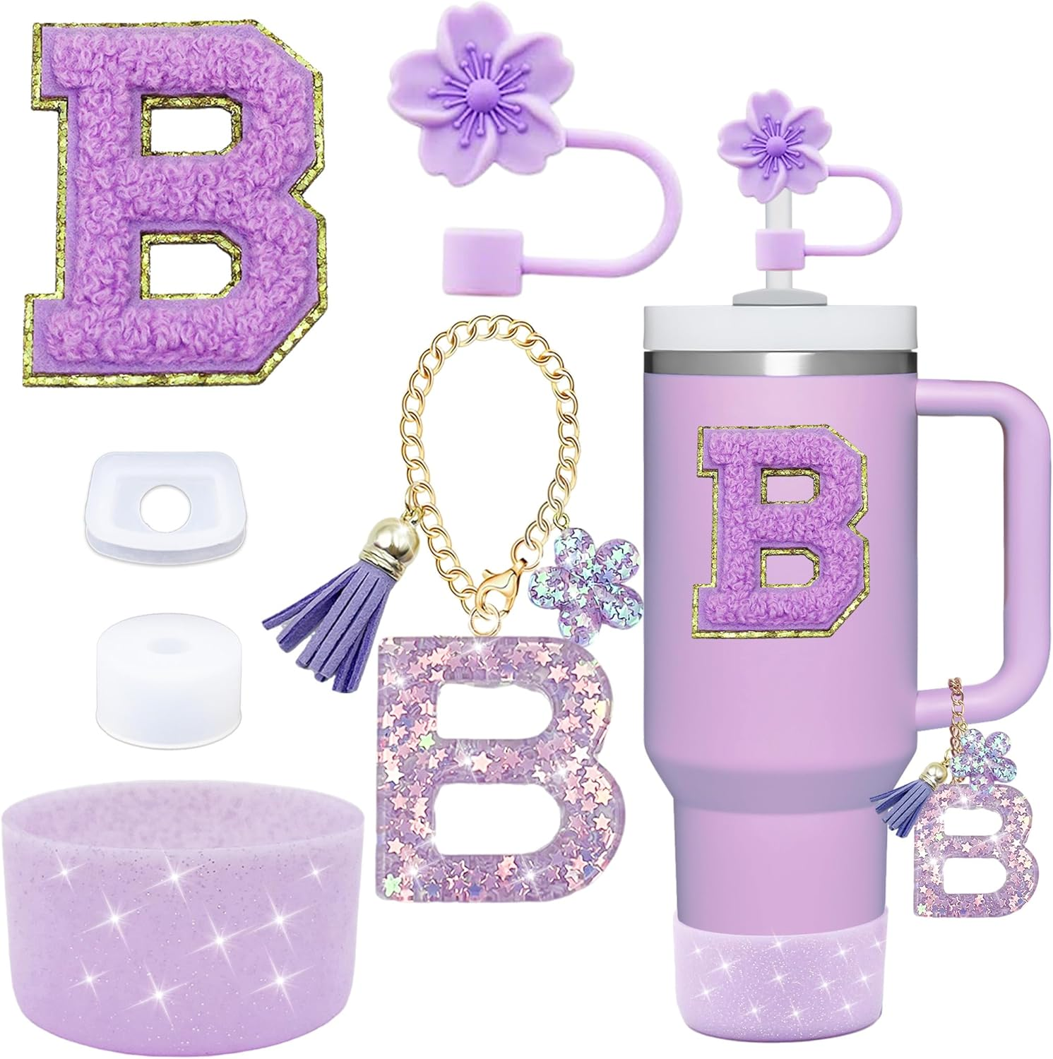 6PCS Cup Accessories Set for Stanley Cup 30Oz 40Oz Tumbler with Handle, Including Silicone Straw Topper Cover Cap and Boot, Spill Proof Stopper, Handle Charm, Initials Sticker(Purple B)