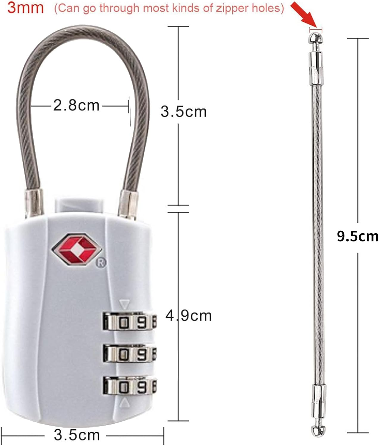 4 Pack TSA Approved Luggage Locks, Combination Travel Cable Lock, 3-Digit Waterproof Padlock with Alloy Body, Keyless Resettable Suitcase Locks for Travel, Lockers, Bags, Backpack, Gym (White