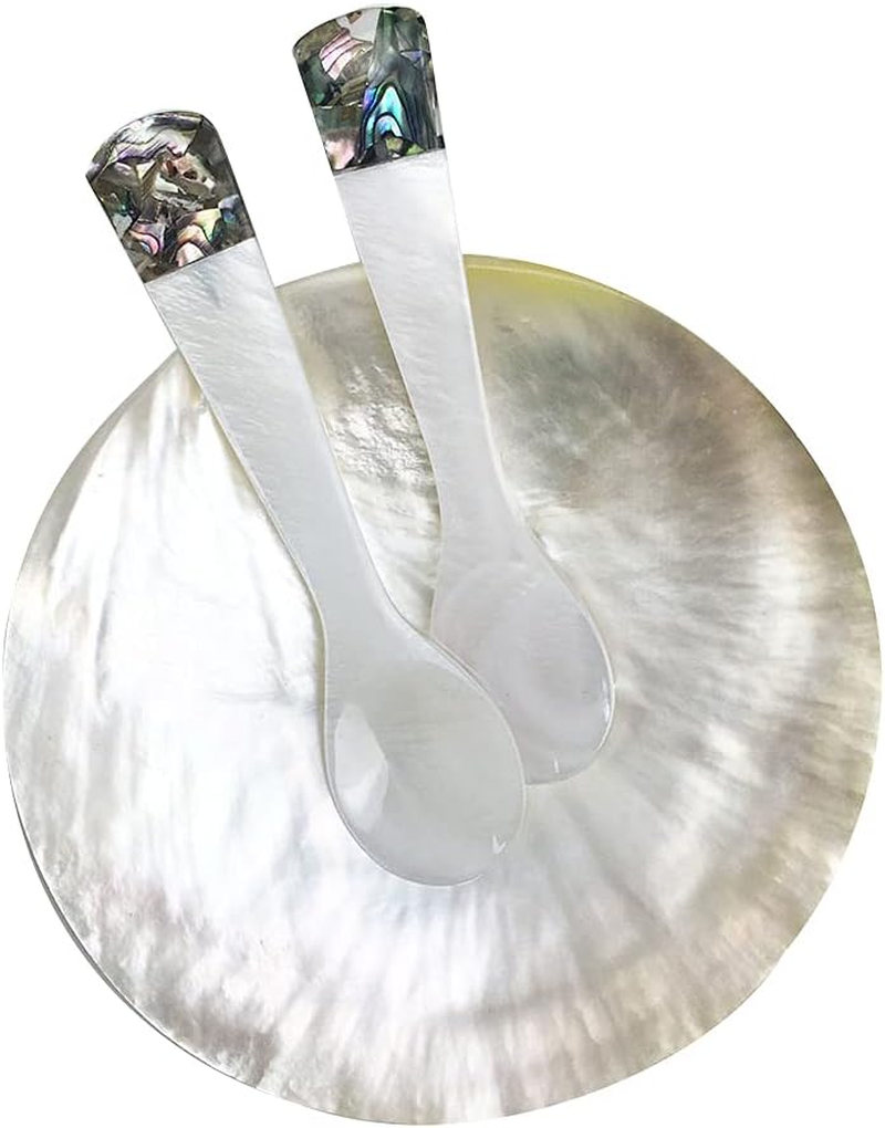 DUEBEL MOP Caviar Server Set, Plate plus Set of 2 Mother of Pearl Caviar Spoons with Green Abalone 3.5&rdquo; Decoration for Caviar, Appetizer, Dessert, Egg, Icecream image number 2