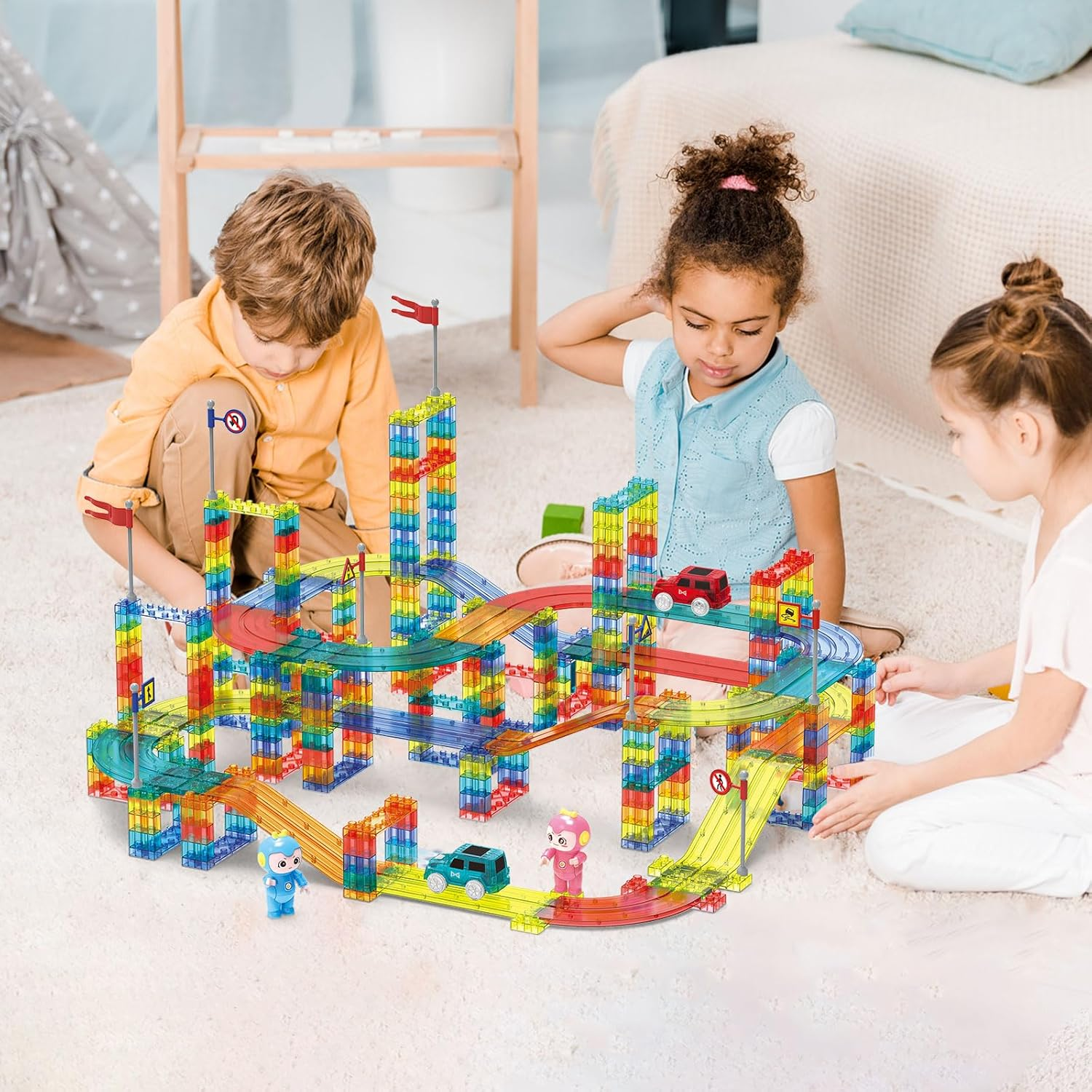 348PCS Magnetic Tiles Blocks Railcar, Construction Car Track Set with Car and Roads Signs, Building Toys Set for Kids, Playset STEM Learning Kit Child Brain Development over 3 Years Old Boys Girls image number 1