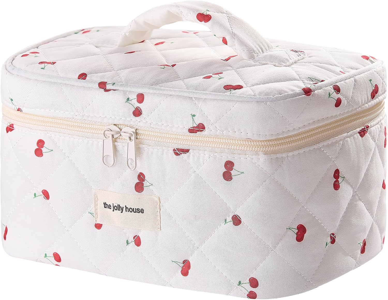 Quilted Cosmetic Bag Large Capacity Travel Cosmetic Bag for Women and Girls, Aesthetic Storage for Daily and Travel (Red Bigcherry) image number 3