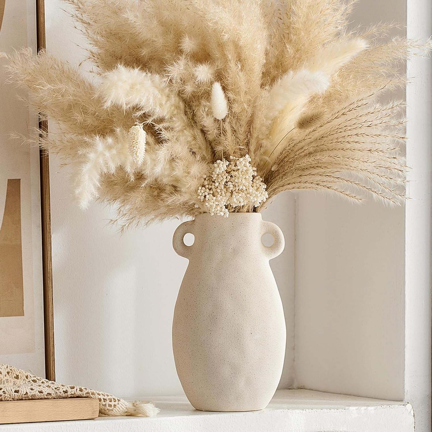 Ceramic Rustic Vase Farmhouse Decor: Beige Pitcher with Handle - Vintage Flower Terracotta Stoneware Jug - Matte Pottery Home Decor for Shelf, Mantel, Centerpiece, Table Decorations