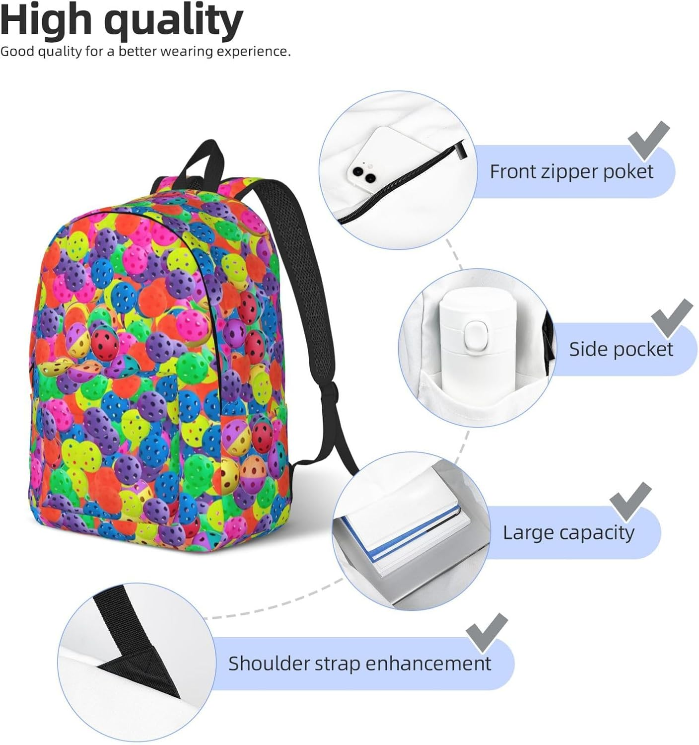 Gaxfjru Pickleball Balls Colors Pattern Water-Resistant Backpack - Laptop-Friendly Bookbag for Men &Acirc;&euro;&ldquo; Versatile Travel Backpack with High Capacity image number 4