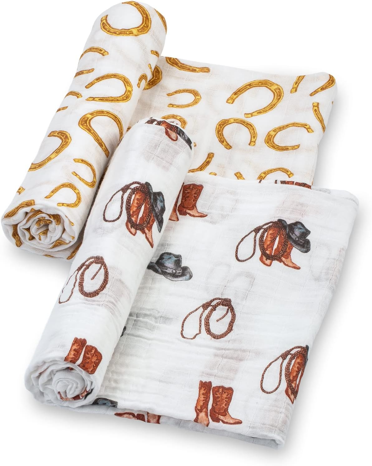 Lollybanks 100% Cotton Baby Swaddle Blankets 2 Pack, Gentle and Soft Muslin Blanket for Boys, Lightweight 120 X 120 Cm Newborn Receiving Blanket, Newborn Essential (Cowboy Boot and Horseshoe)