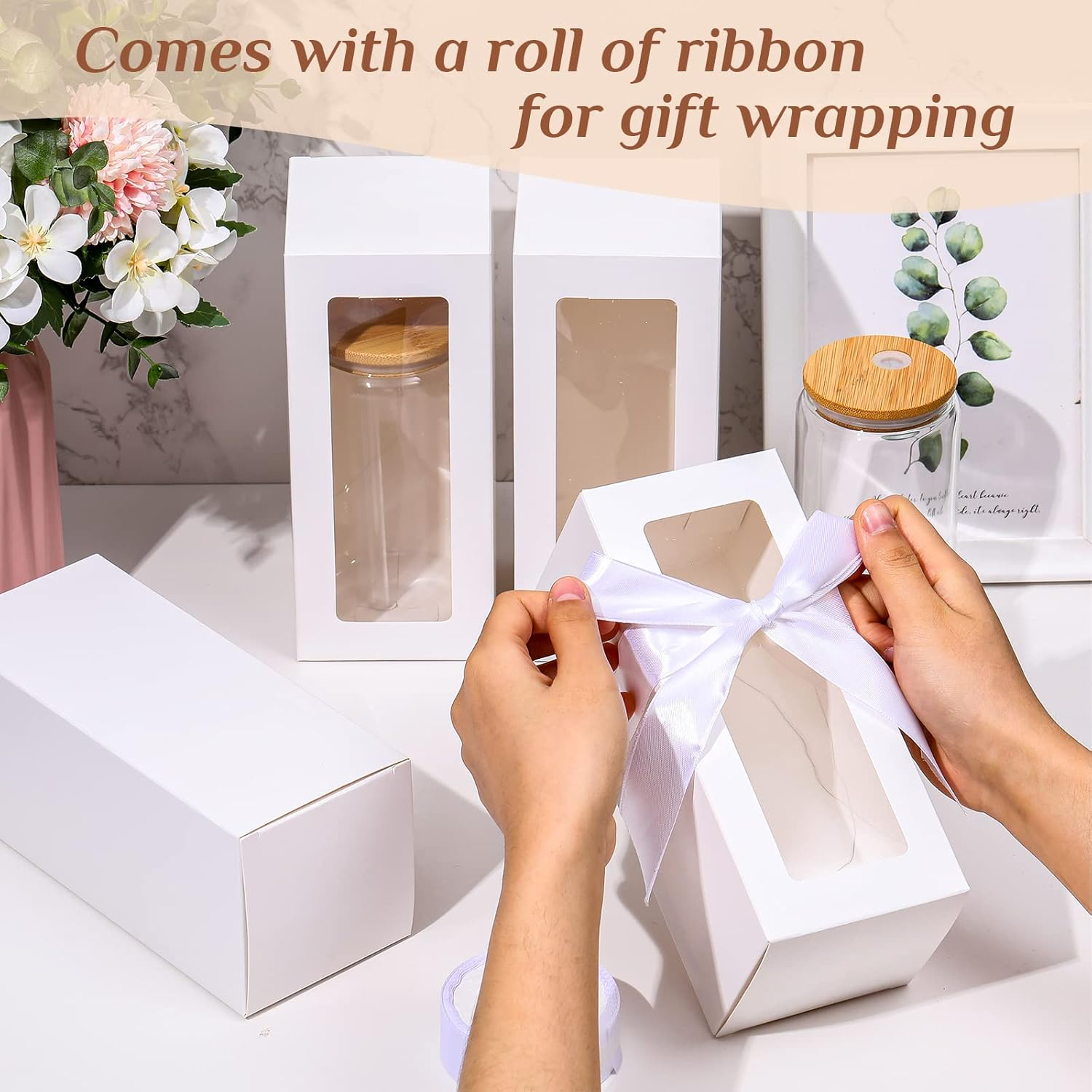 Honoson 24 Pcs Gift Boxes with Ribbon for Sublimation Glass Exhibition Boxes Transparent Gift Box for 12Oz 16Oz 20Oz Drinking Glasses Jars Sublimation Glass Can Blanks Tumbler Gift Box (White) - Black image number 2
