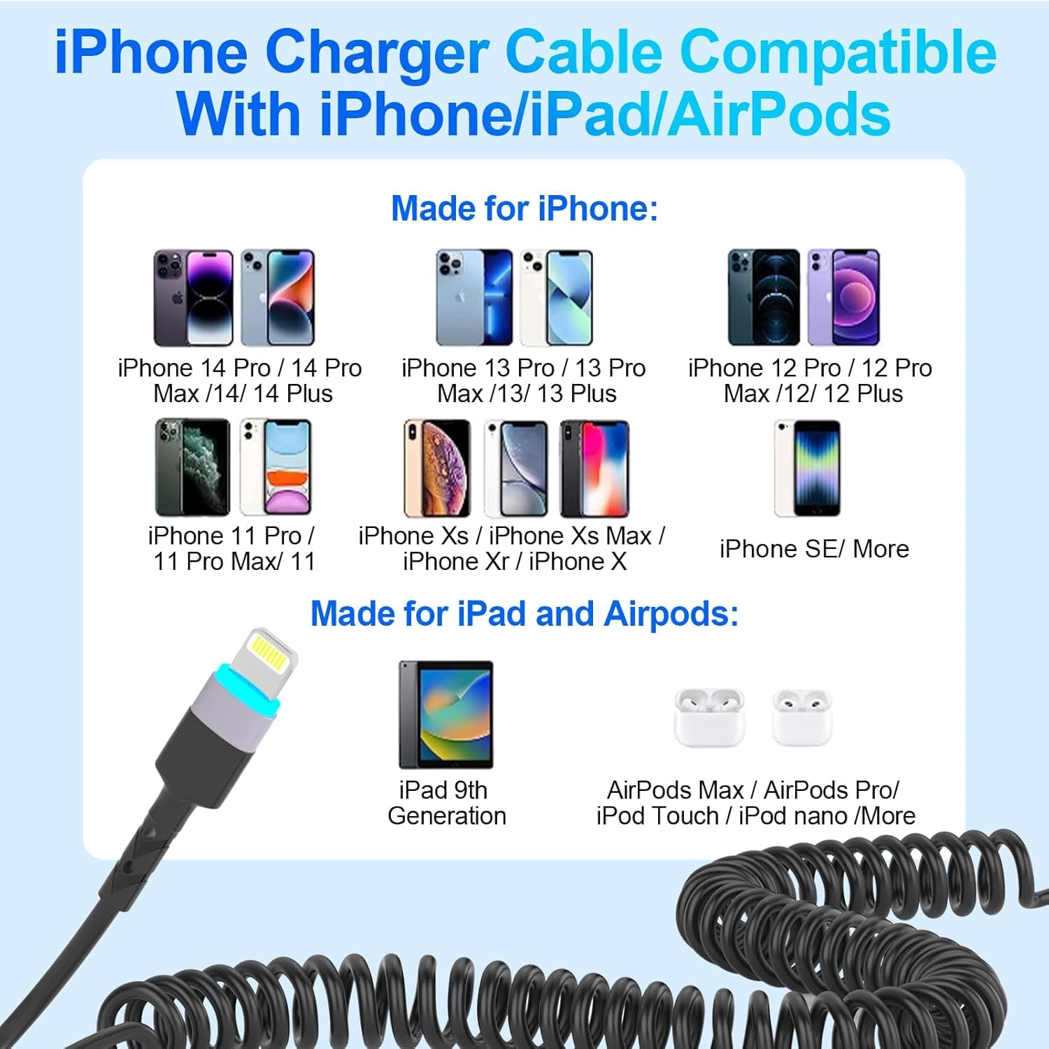 Coiled USB Lightning Cable for Apple Carplay 2 Pack Iphone Cord [Apple Mfi Certified], Short 1M USB to Lightning Charging Retractable Iphone Charger Cord for Iphone 14/13/12/11, Ipad, Airpods image number 2