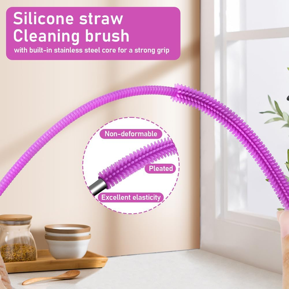 AYESY Silicone Straw Brush, 2Pcs 9.84In Extra Long Straw Cleaning Brush, Non-Slip Handle, Reusable Bendable Cleaning Tool for Cleaning Glass Metal Straws, 9Mm&6Mm - Black image number 5