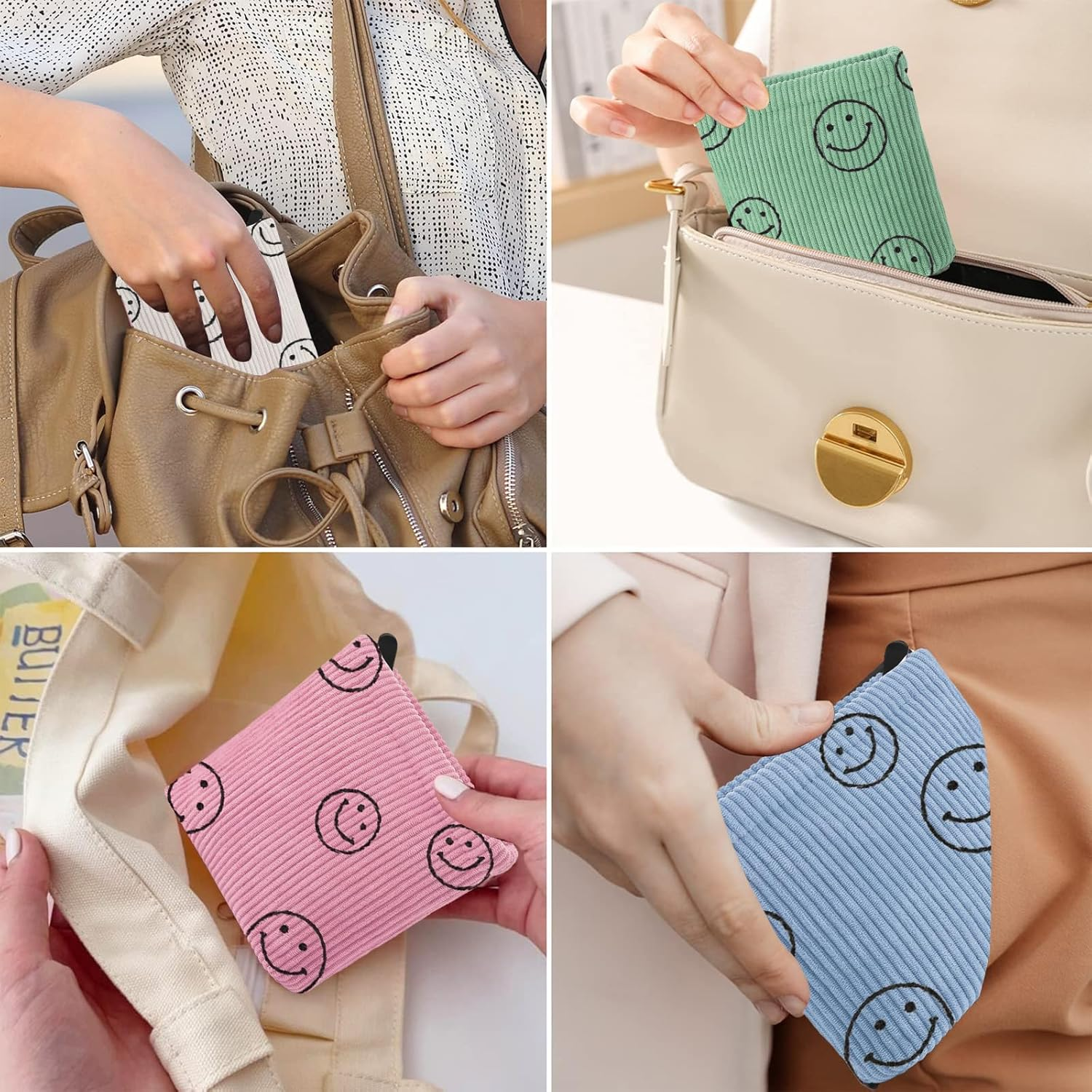 Teircno 2 PCS Preppy Corduroy Period Bag for Women, Cute Smiley Face Sanitary Napkin Storage Bag Portable Period Pouch with Zipper, Sanitary Pads Bag Tampons Holder for Purse First Period - White+Green image number 2