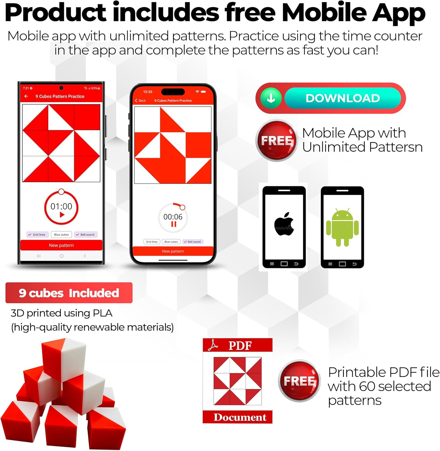 Prfcnl IQ Test Cubes (Natural Edition) &ndash; 9 Kohs Cubes, Practice for Block Design Test, WAIS IV, WPPSI and WISC V Tests