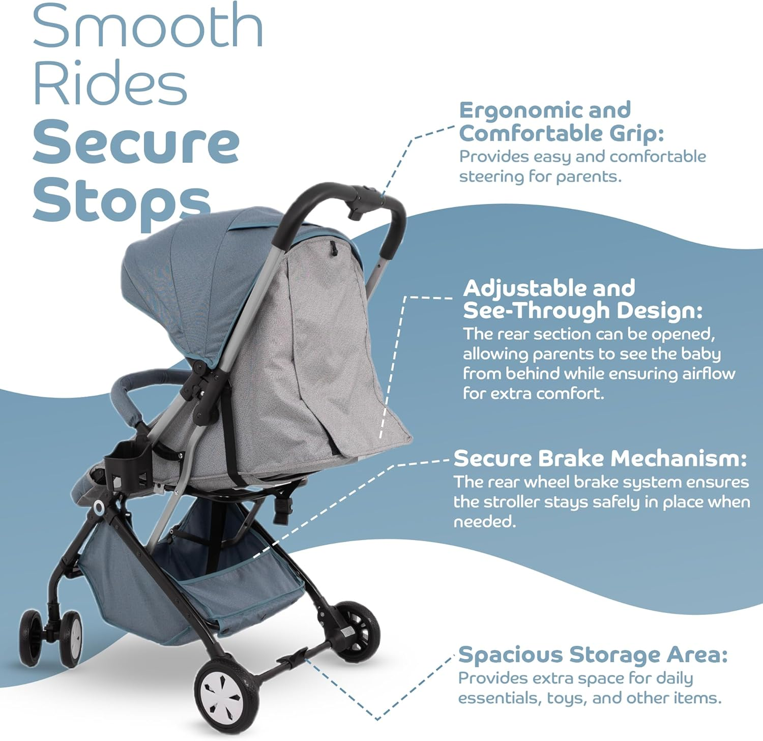 Travel Stroller, Ultra Lightweight One-Hand Compact Foldable Baby Travel Pram & Stroller with Adjustable Built in Carry Strap and Cup Holder, Easy Carry with Adjustable Suitcase Handle (Green) image number 6