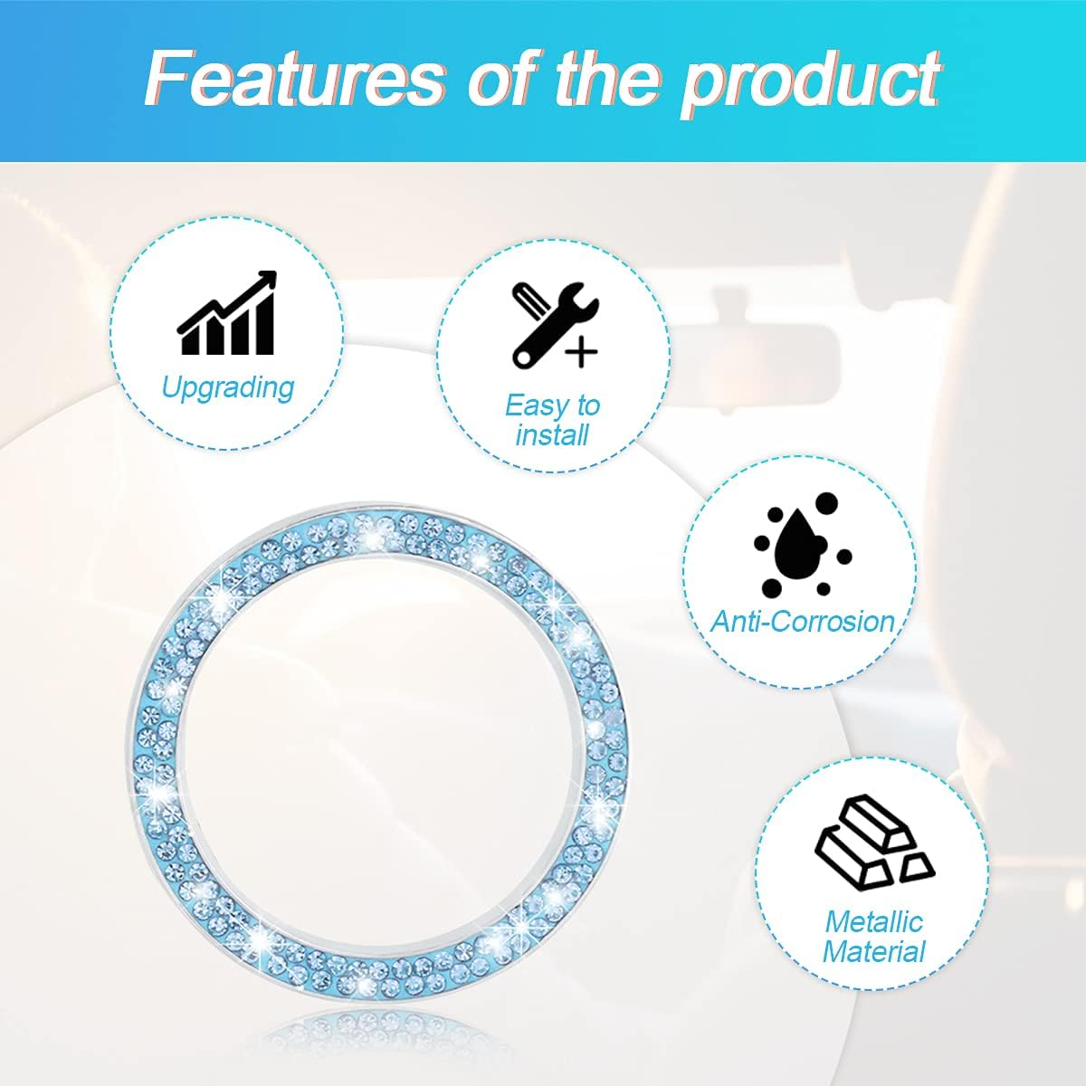 2 Pack Car Push Start Button Cover/Sticker, Key Ignition Knob Bling Ring, Sparkling Car Interior Accessories for Women (Double Blue) image number 2