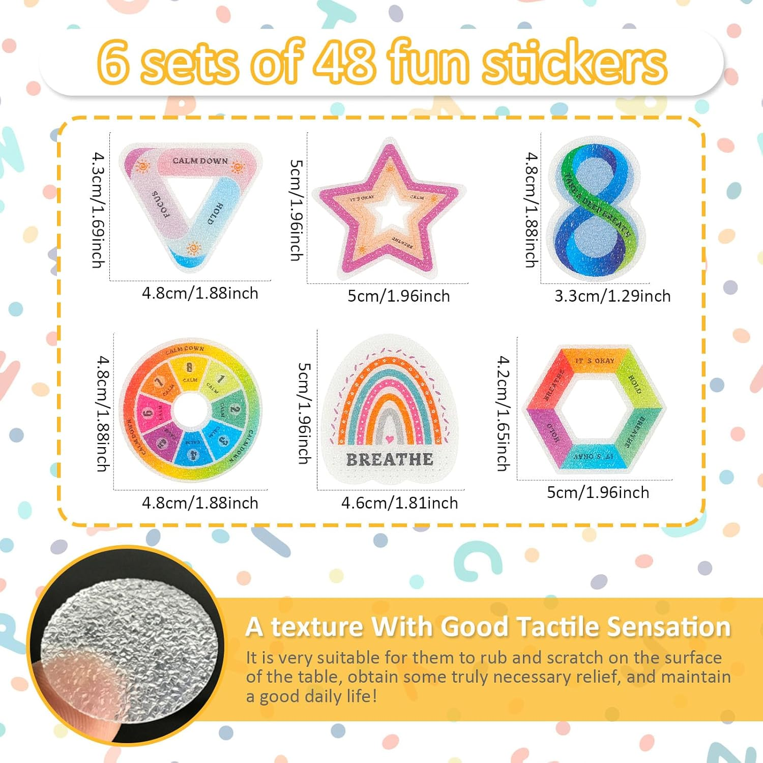 48Pcs Calm Stickers Set 6 Styles Tactile Rough Textured Stickers Cute Reusable Sensory Stickers with Strong Adhesive Backing Funny Calming Stickers for Kids Adults School Classroom image number 2