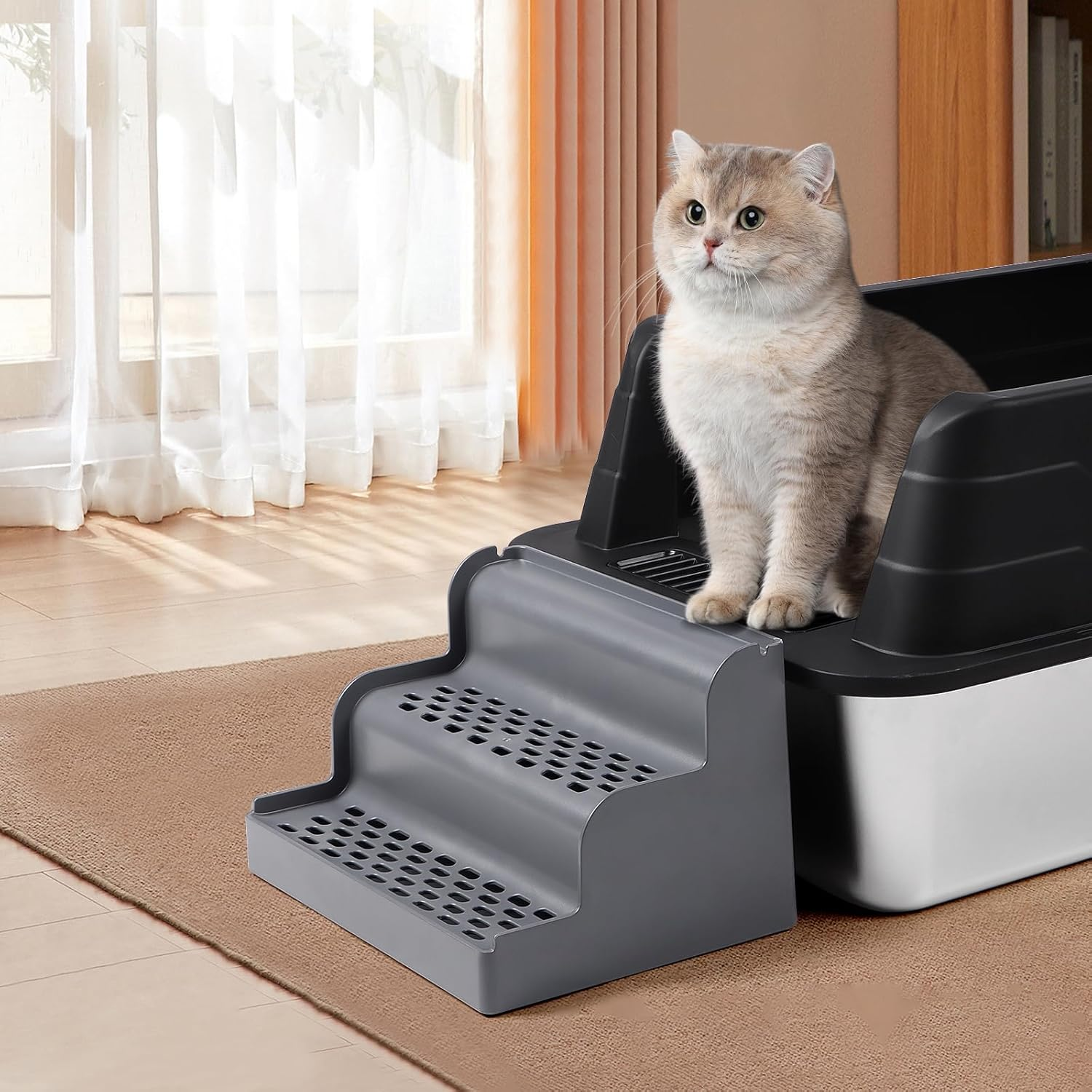 Rolcoassuns Cat Ramp for Cat Litter Tray, Cat Litter Tray Steps/Stairs with Filter Function and Non-Slip Rubber Feet, Suitable for Small and Older Cats image number 5