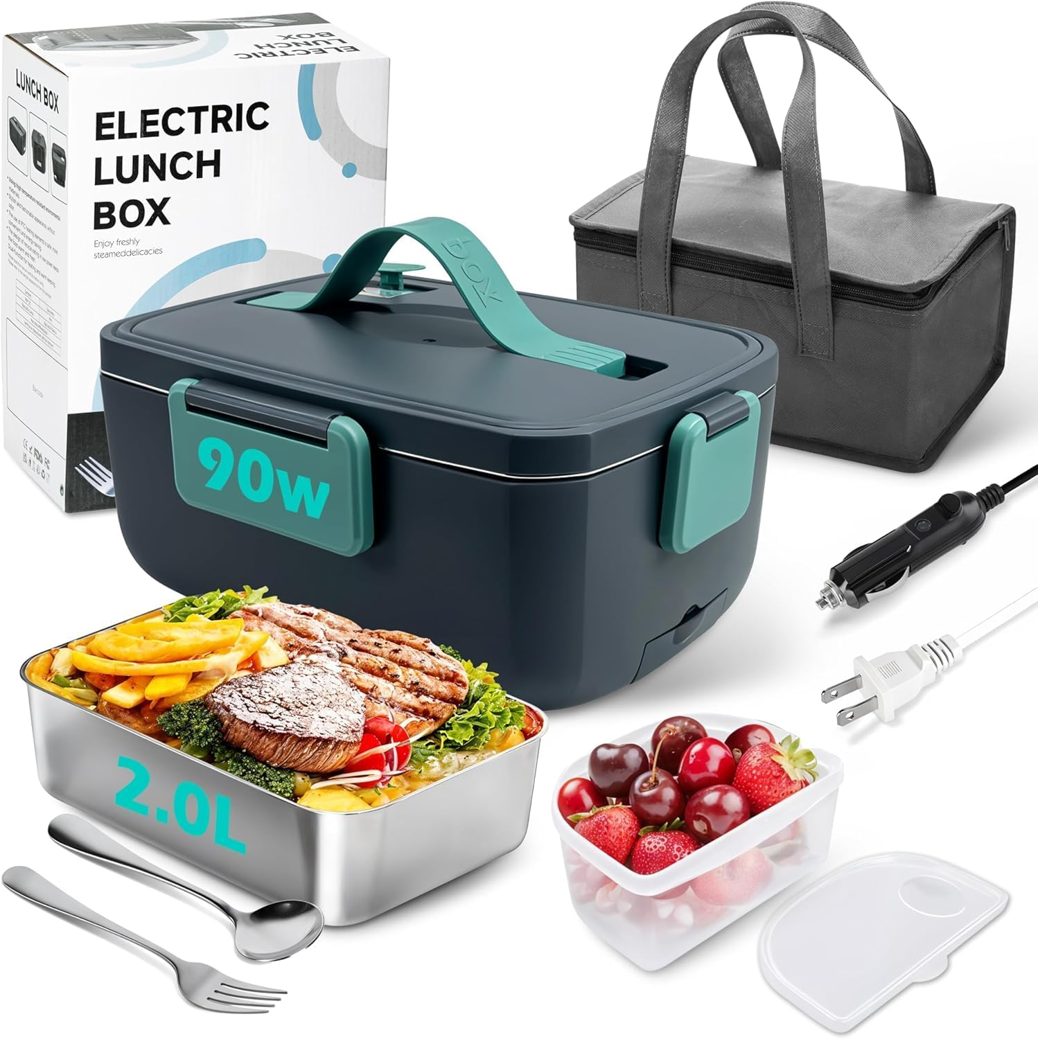 Electric Heated Lunch Box - 2L Portable Food Warmer Lunchbox for Adults Work, Men Women Warming Hot Lunch Box, Stainless Steel Heater Container with Fork Spoon Carry Bag