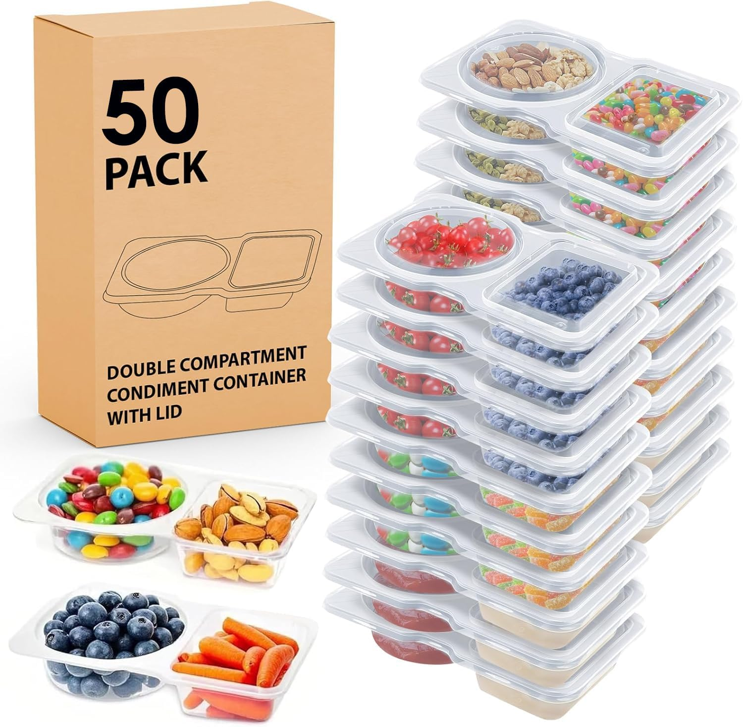 50-Pack Reusable Snack Containers, 2-Compartment Dipping Containers with Lid for Refrigeration, Portion Control, Outdoor Takeaway Sauce Dip Case image number 1