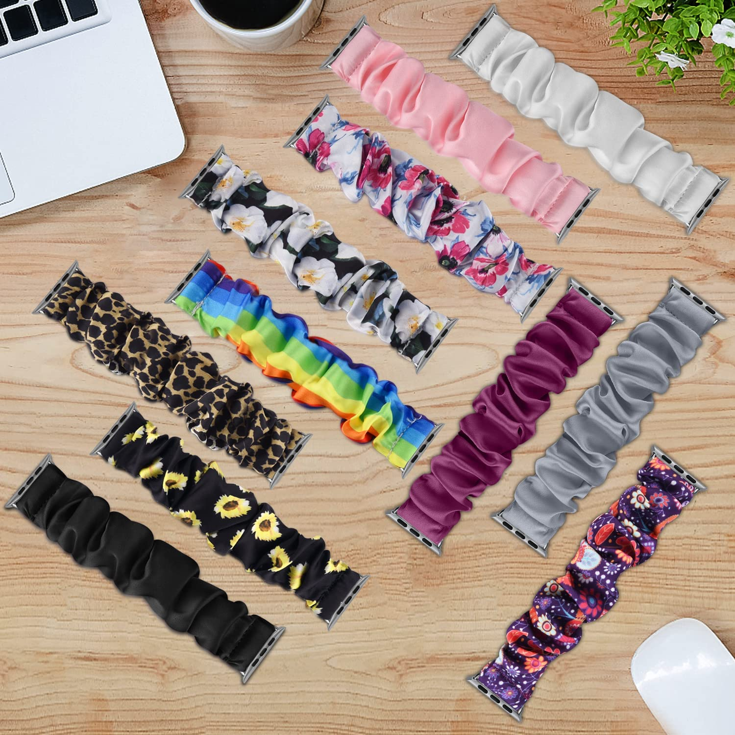 Adjustable Elastic Scrunchie for Apple Watch Band 38Mm 40Mm 41Mm 42Mm 44Mm 45Mm, Soft Stretchy Cloth Pattern Printed Fabric Women Girls Wristbands for Iwatch Series 10/9/8/7/SE/6/5/4/3/2/1