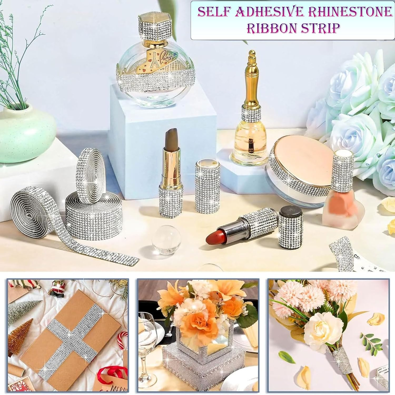 6 Rolls Colored-Adhesive Rhinestone Tape - Silver Diamond Crystal Bling Strips for DIY Crafts, Christmas Decor, Shoes, Phone, Dresser, Car Wrap | Glitter Jewel Sticker Roll（Six Colors） image number 2