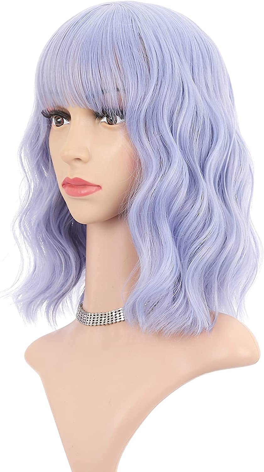 FAELBATY Light Blue Wave Bob Wigs with Bangs Synthetic Cosplay Wig for Girl Shoulder Length Wig for Women Costume Wigs Mixed Blue(12" Light Gray Blue) image number 2