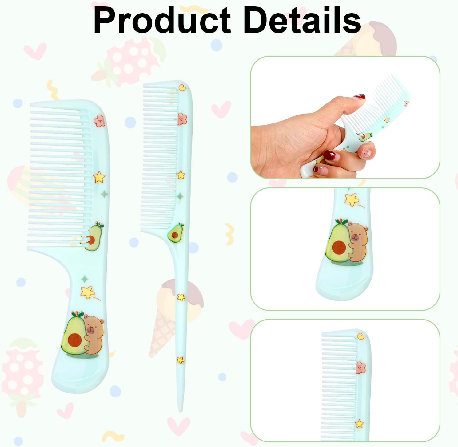2Pcs Capybara Baby Hair Comb Set, Adorable Plastic Fine Tooth & Rat Tail Mini Combs for Toddlers and Kids Anti-Static Combs for Dry Hair (Green) image number 3