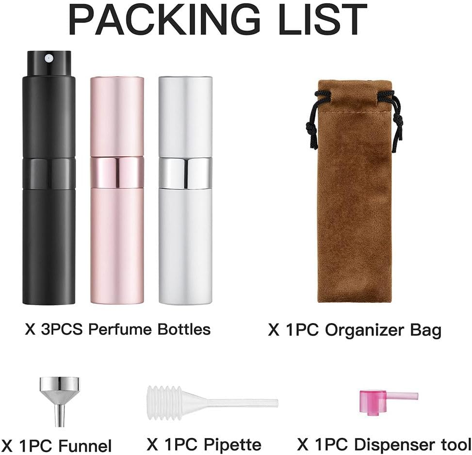 8ML Atomizer Perfume Spray Bottle, 3 Pack Refillable Mini Perfume Atomizer Empty Spray Bottle for Travel, Portable Leakproof Scent Pump Case for Men and Women(Black, Silver, Pink) image number 6
