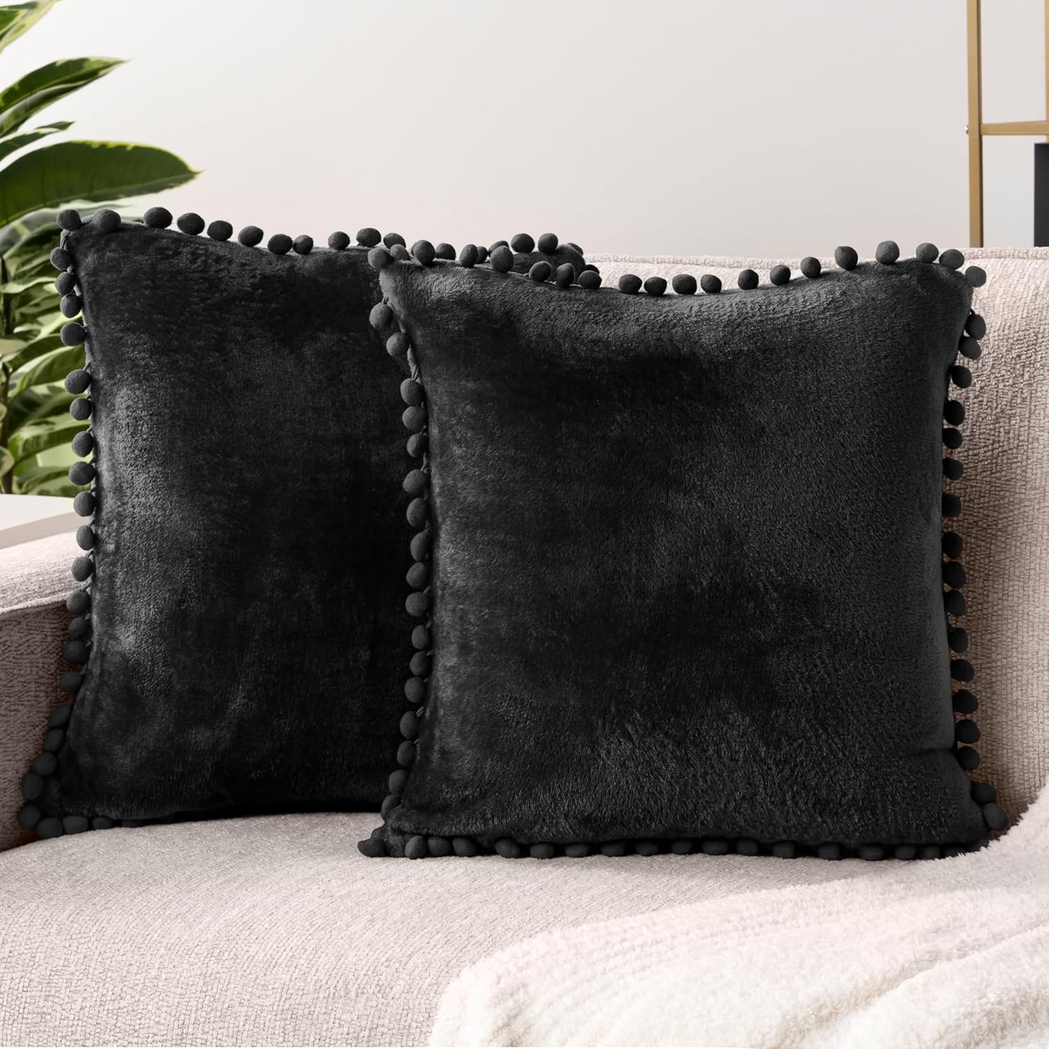 PAVILIA Dusty Blue Throw Pillow Covers Pom Pom 18X18 Set of 2, Decorative Pillow Cases Bed Sofa Couch, Boho Accent Decor Cushion Bedroom Living Room, Velvet Square Euro Sham Pompoms, Light Slate Blue