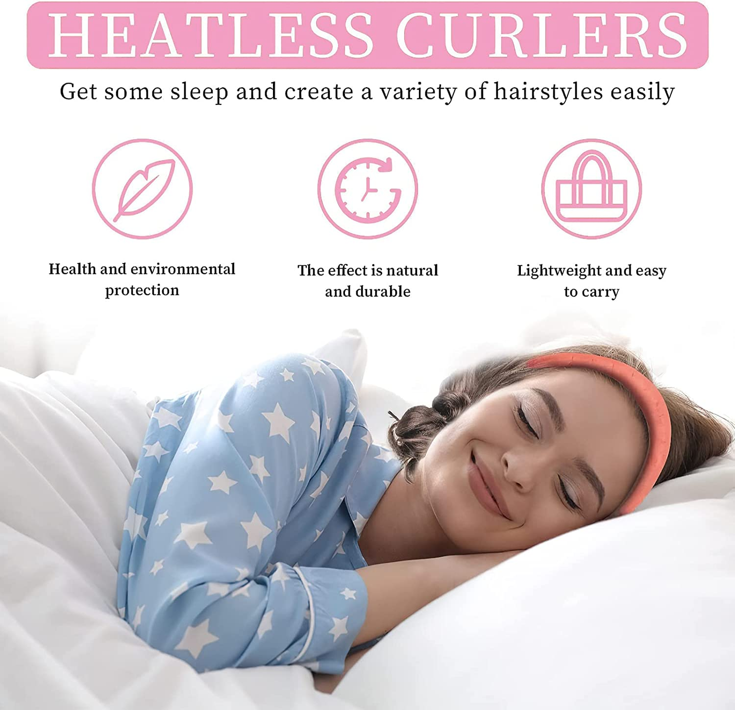 Satin Heatless Curler Set, Soft No-Damage Pearl Cotton Curling Rod Headband for Long Hair, Overnight Styling Tool with 2 Hair Loops DIY Rollers (Blue) - Pink image number 5