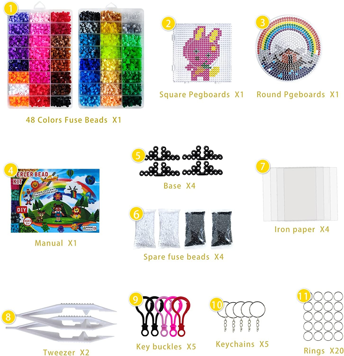 12800Pcs 48 Colors Fuse Beads Craft Kit, YEESON Melty Fusion Colored Beads Arts and Crafts Pearler Set for Kids Including Pegboards, Tweezers, Ironing Paper, Travel Case