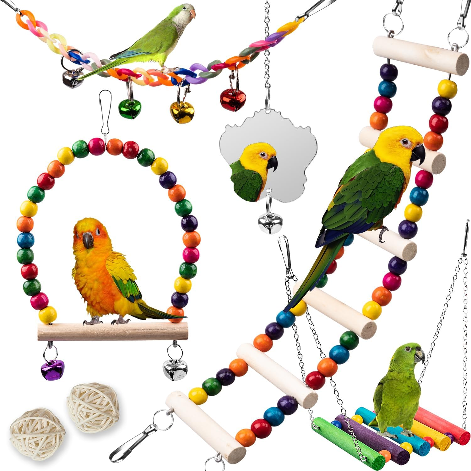 Bird Toys for Parakeets 7Pcs, Wood Parrots Budgie Cage Accessories, Bird Perch Swings for Small Conure Cockatiel Toys, Bird Ladder Swing for Parakeets Climbing 18'' image number 1
