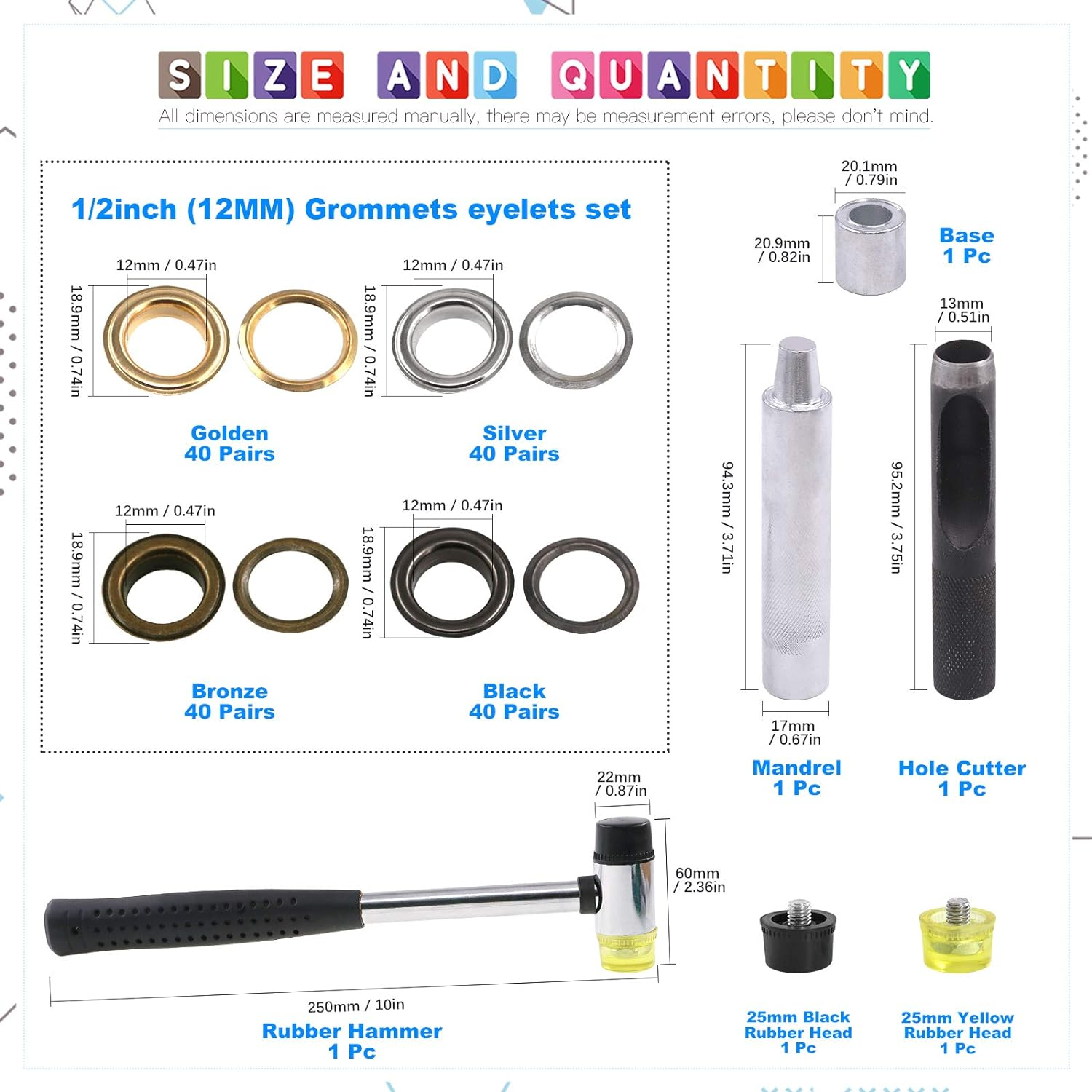 Glarks 164Pcs 1/2 Inch Grommets Eyelets with Tool Sets, 160Pcs 4 Colors Grommets Eyelets with 4Pcs Installation Tools for Fabric, Canvas, Curtain, Clothing, Leather Repair and Decoration - Gun-Black Grommets Eyelets With Tools image number 2