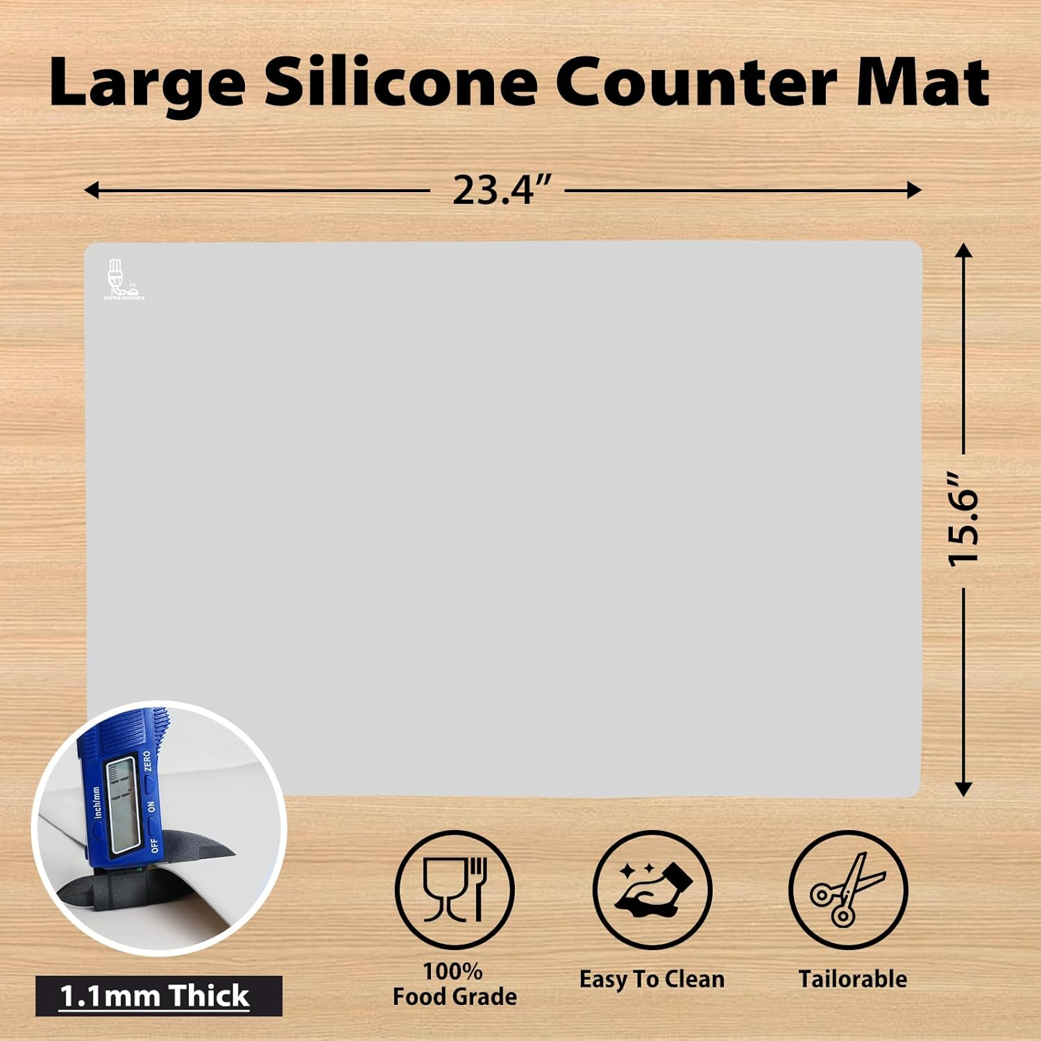 Super Kitchen Extra Large Multipurpose Silicone Nonstick Baking Mat, Pastry Mat, Heat Resistant Nonskid Table Mat, Countertop Protector, 23.4'' by 15.6''(Cool Gray) - Gray image number 3
