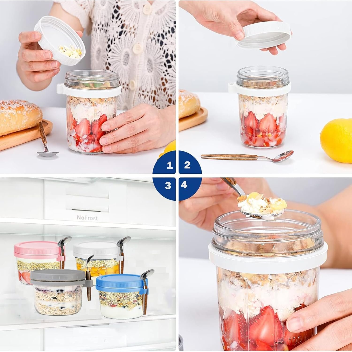 4 Pack Overnight Oats Containers with Lids and Spoons 16 Oz Glass Mason Jars for Overnight Oats Leak Proof Oatmeal Container Great for Cereal Fruit Vegetable Milk Salad Yogurt Meal Prep image number 6