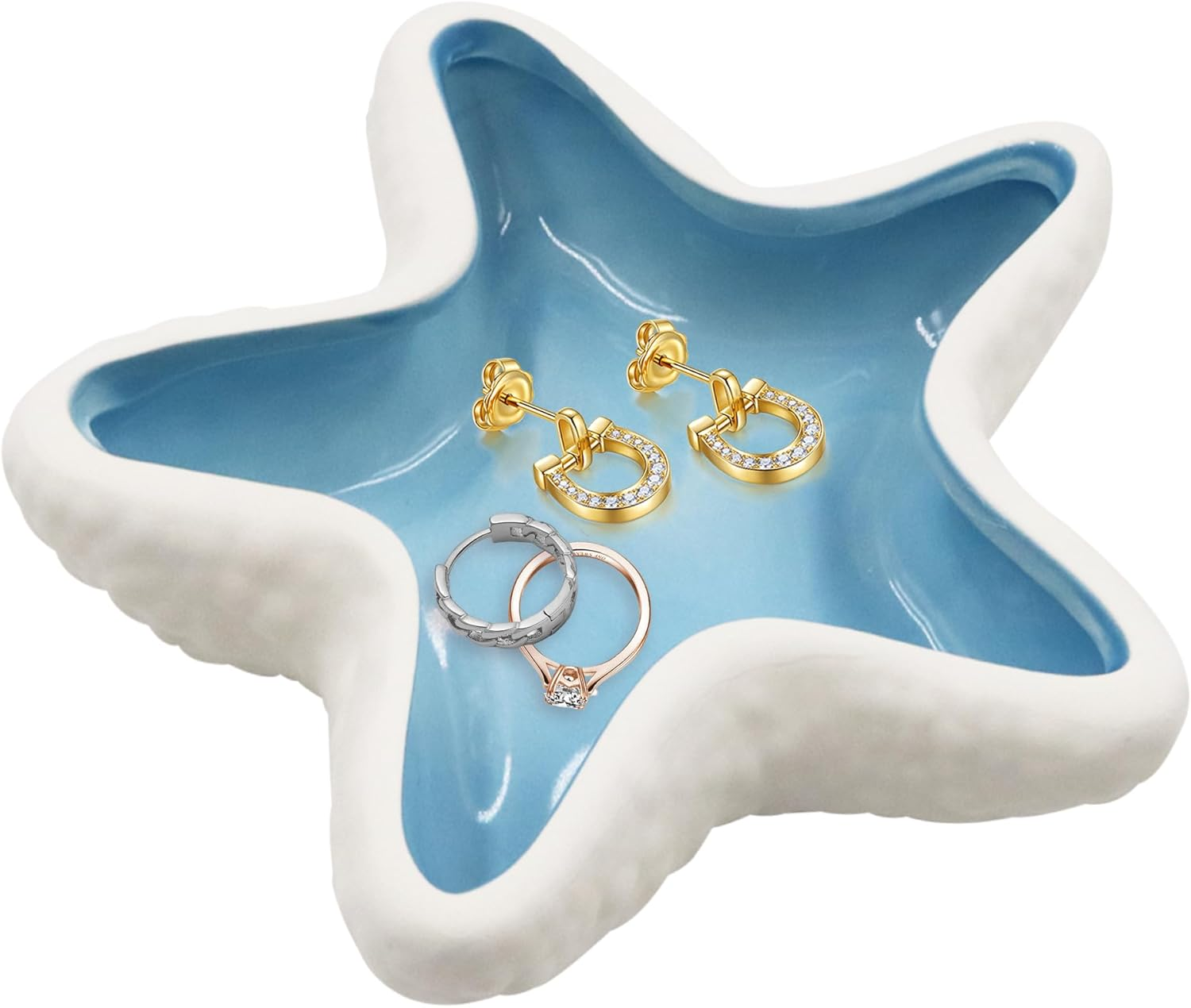 Ceramic Seashell Jewelry Dish Tray, Small Shell Trinket Dish, YITOBA Jewelry Holder Dish Plate for Rings Earring, Aesthetic Decorative Key Bowl, Ocean Beach Blue Coastal Room Decor (Blue)