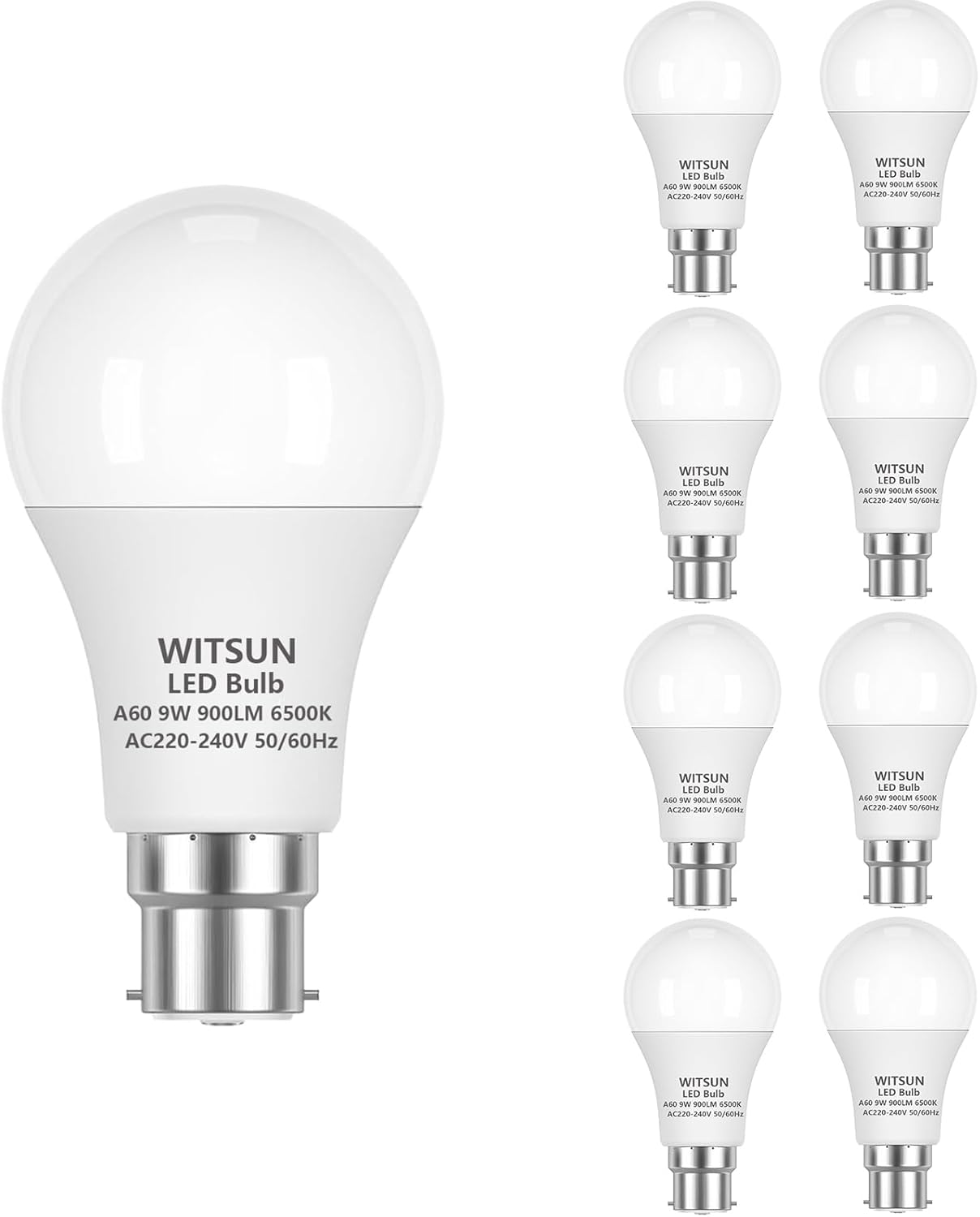 B22 Bayonet Cap LED Light, 9W = 90W Equivalent Bulb, 900LM Lumens, 3000K Warm White Standard BC A55 LED, Bright Energy Saving Non-Dimmable, CRI>80, 230V, 50-60Hz - Pack of 8