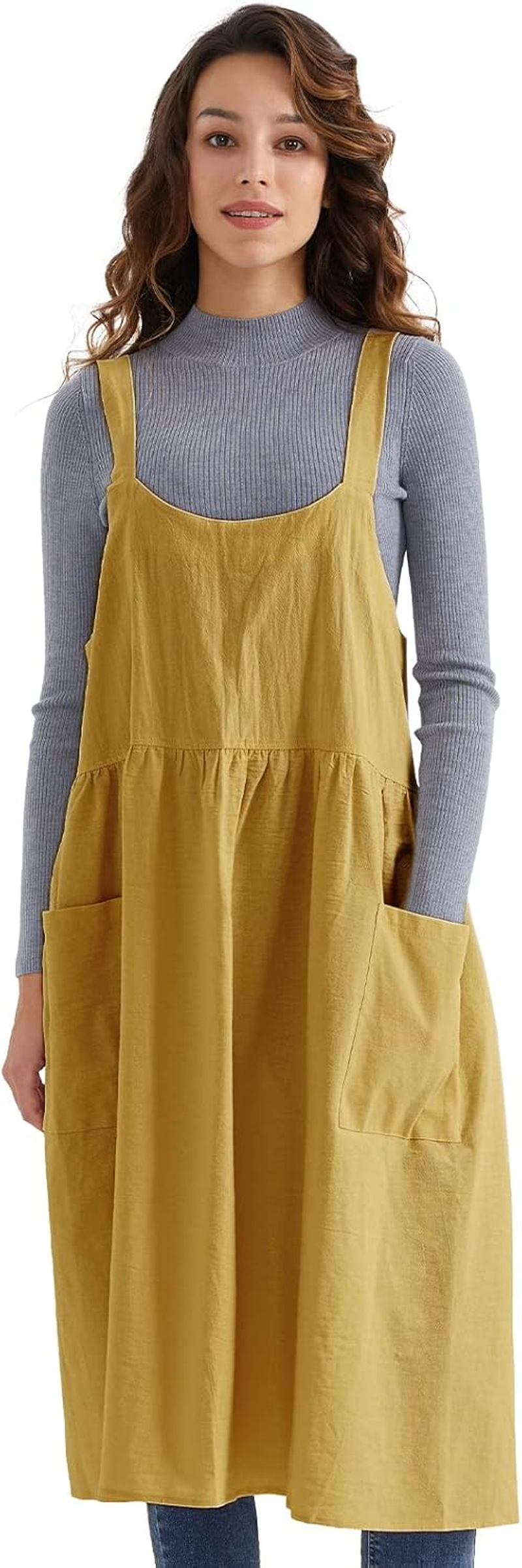 Surblue Cotton Linen Apron Cross Back Apron for Women with Pockets Pinafore Dress for Baking Cooking Gardening image number 3