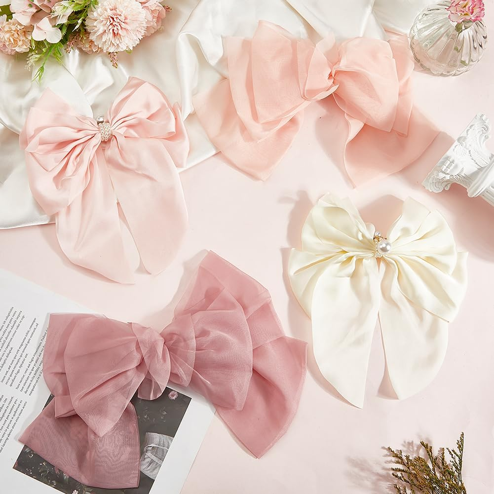 SOFPLATE Pack of 4 Large Hair Clips with Satin Bow, Coquette Hair Bow, Oversized Satin Hair Clip, Pink White Silky Ribbon, Hair Accessories, Large Bows Hair Clips for Women, Bridal, Wedding, Party image number 2