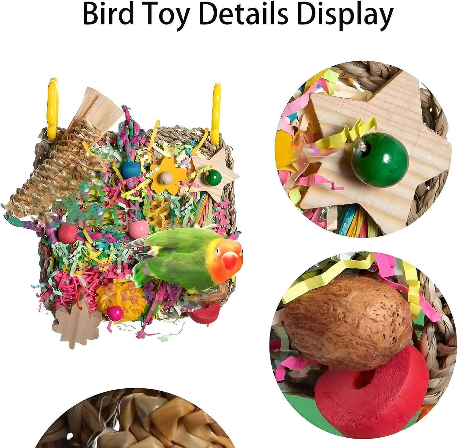 RUIFEN 7.5X7.5In Natural Bird Chew Toy for Small & Medium Parrots &ndash; 3-In-1 Climbing Net with Corn Leaves/Straw Rope/Paper Shreds, Safe for Budgies, Cockatiels & Conures image number 4