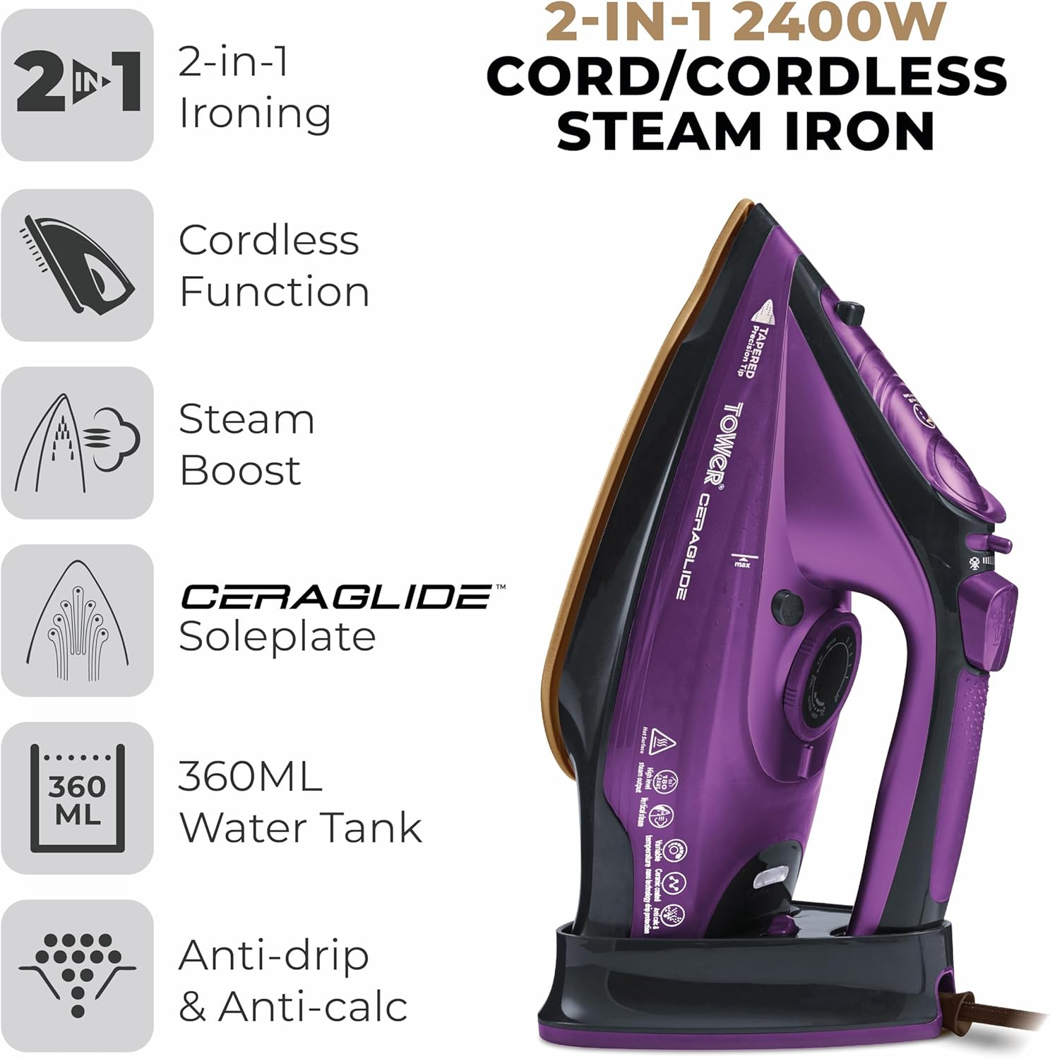 Tower T22008 Ceraglide 2-In-1 Cord or Cordless Steam Iron with Non-Stick Ceramic Soleplate, 160G Steam Boost, anti Drip, anti Scale, anti Calc and Self Cleaning Functions, 2400 W, Purple - Black, Purple image number 4