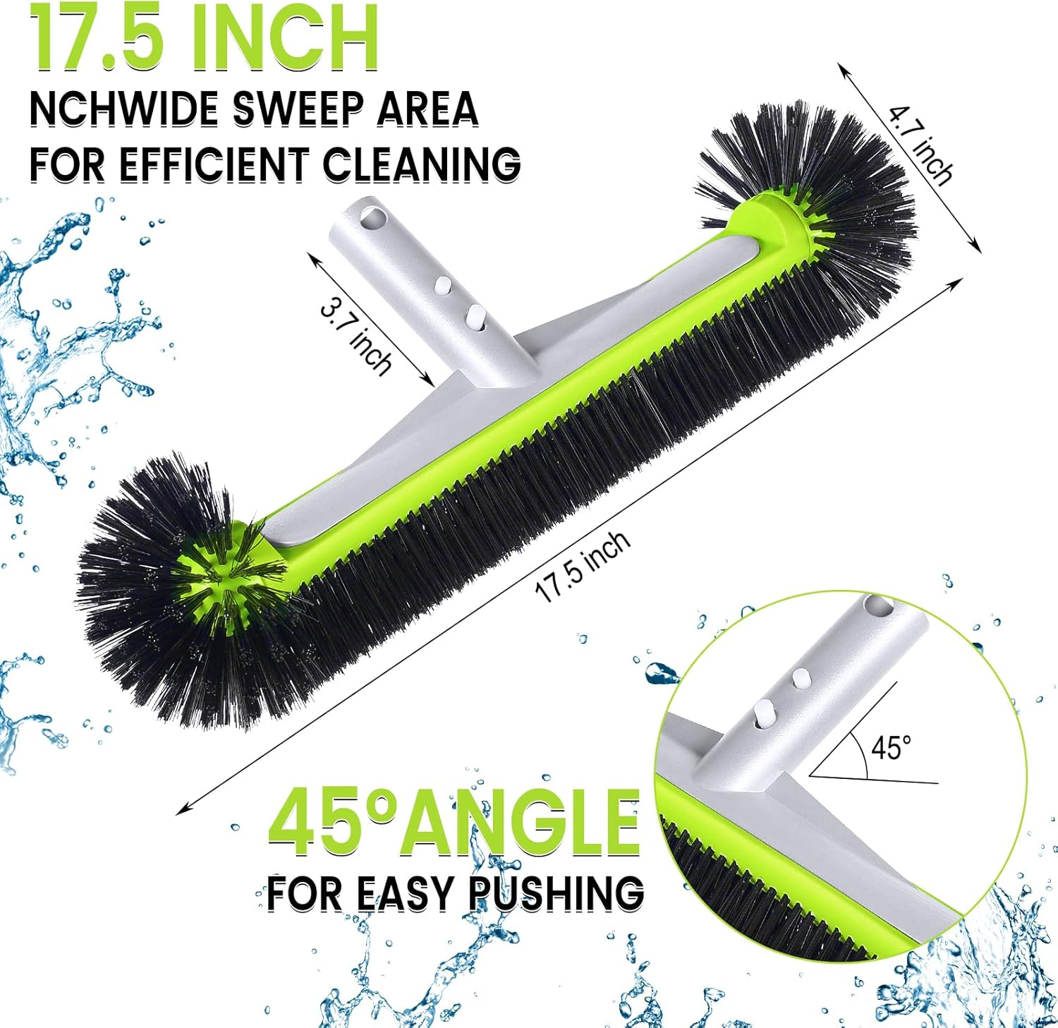 Swimming Pool Brush Head with round Ends,17.5" Heavy Duty Aluminum Back Head for Cleans Walls, Tiles & Floors, 7 Rows Premium Nylon Bristles with EZ Clips (Green Black) image number 2