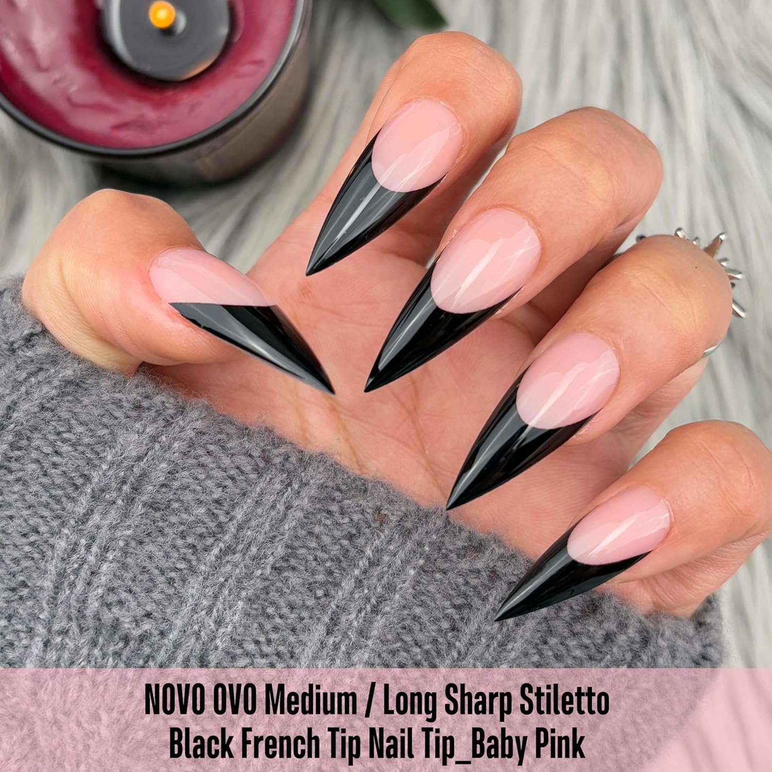 NOVO OVO Black French Tips Sharp Stiletto Pointed Medium Long Nail Tips Press on Baby Pink, Extra Thick Soft Gel Acrylic Extension, Full Cover False Nails for Salon DIY 16 Sizes, Pack of 160 image number 1