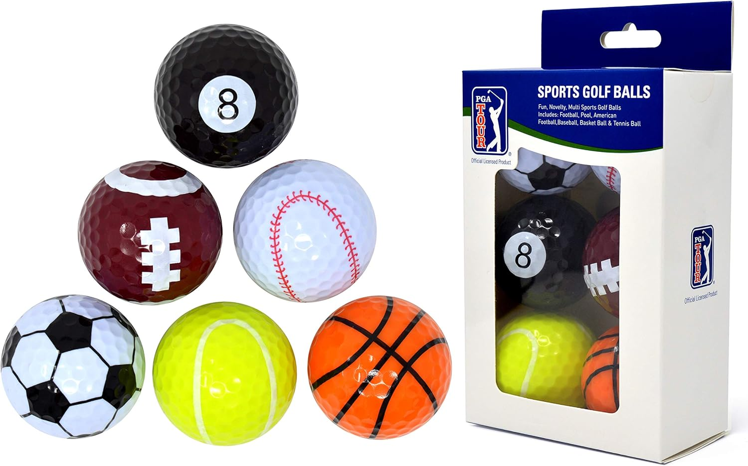 PGA Tour Fun Sport Golf Balls (Set of 6), Unisex, Multicolor