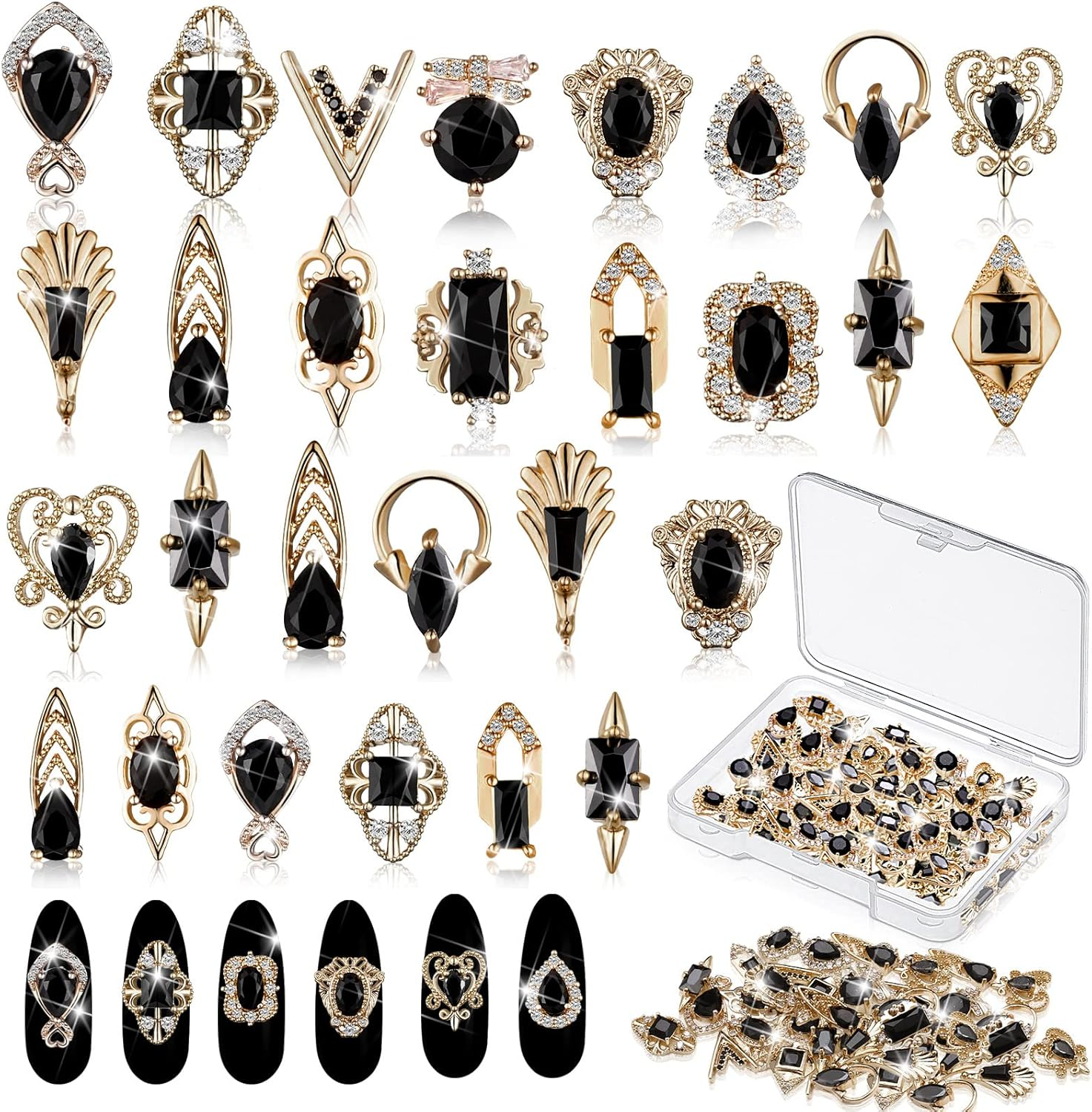 Leelosp 24 Pieces 3D Nail Charms Gold Luxury Black Rhinestones Nail Charms for Acrylic Nails Black Zircon Jewels Crystals Rhinestones with Storage Box for DIY Craft Art image number 5