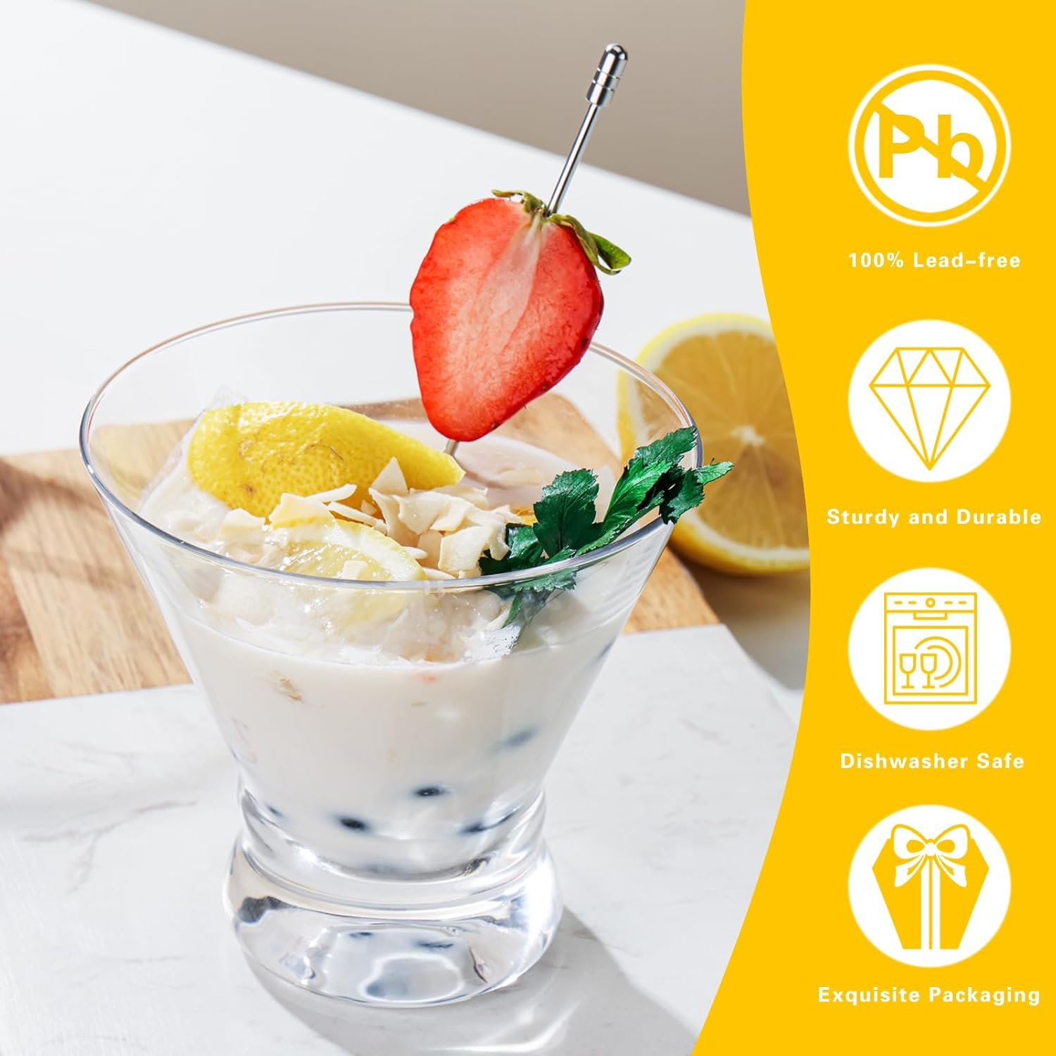 WOTOR Stemless Martini Glasses Set of 4, 8Oz Cocktail Glass Set, Fancy Modern Martini Cups for Bar, Short and Small Margarita Glasses image number 3