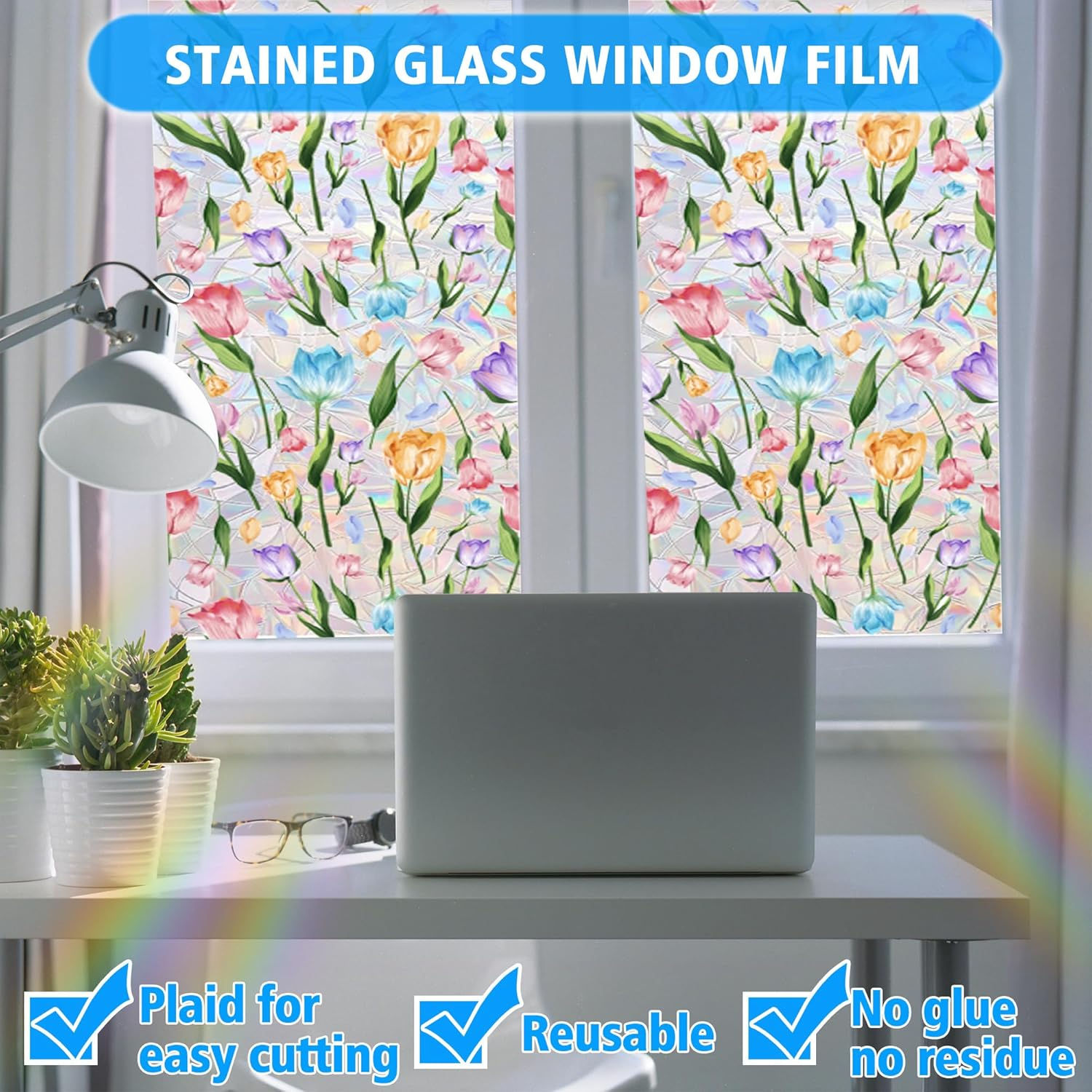 Stained Glass Window Film, Floral Privacy Film for Glass Windows, Decorative Window Cling Film, Non Adhesive Window Coverings Film for Bathroom Home Office (15.7 X 39.3 In) image number 2