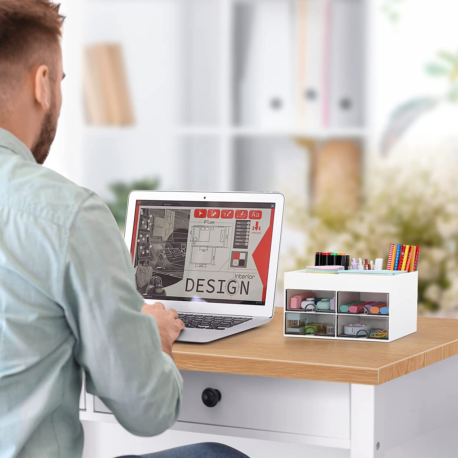 LETURE Desk Organizer Office Desktop Organizer with Drawer, Desk Top Accessories Stationary Organizer Desk Caddy, Pen/Pencil/Business Card/Sticky Note Tray/Paperclip Holder Storage Box (White) - Colorful A image number 5