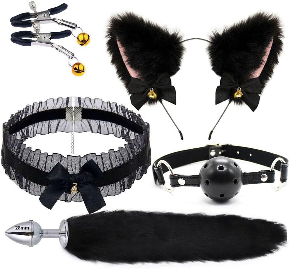 6Pcs Anal Plug Tail, Furry Fox Tail Plug Animal Ear Headband Collar Chest Clip Ball, Anal Plug Role-Playing Costume Set, Sex Toy (Black) image number 3
